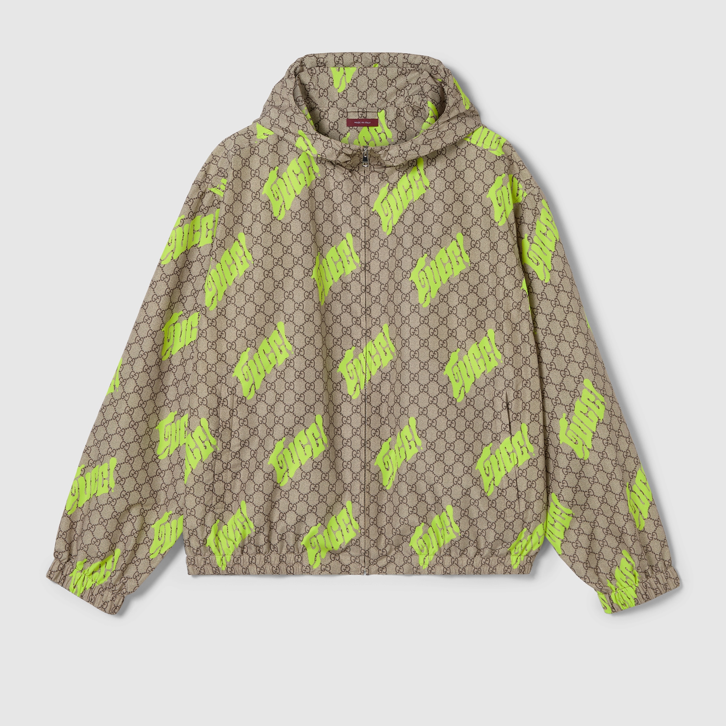 Printed poplin tech zip jacket in beige, brown and lime
