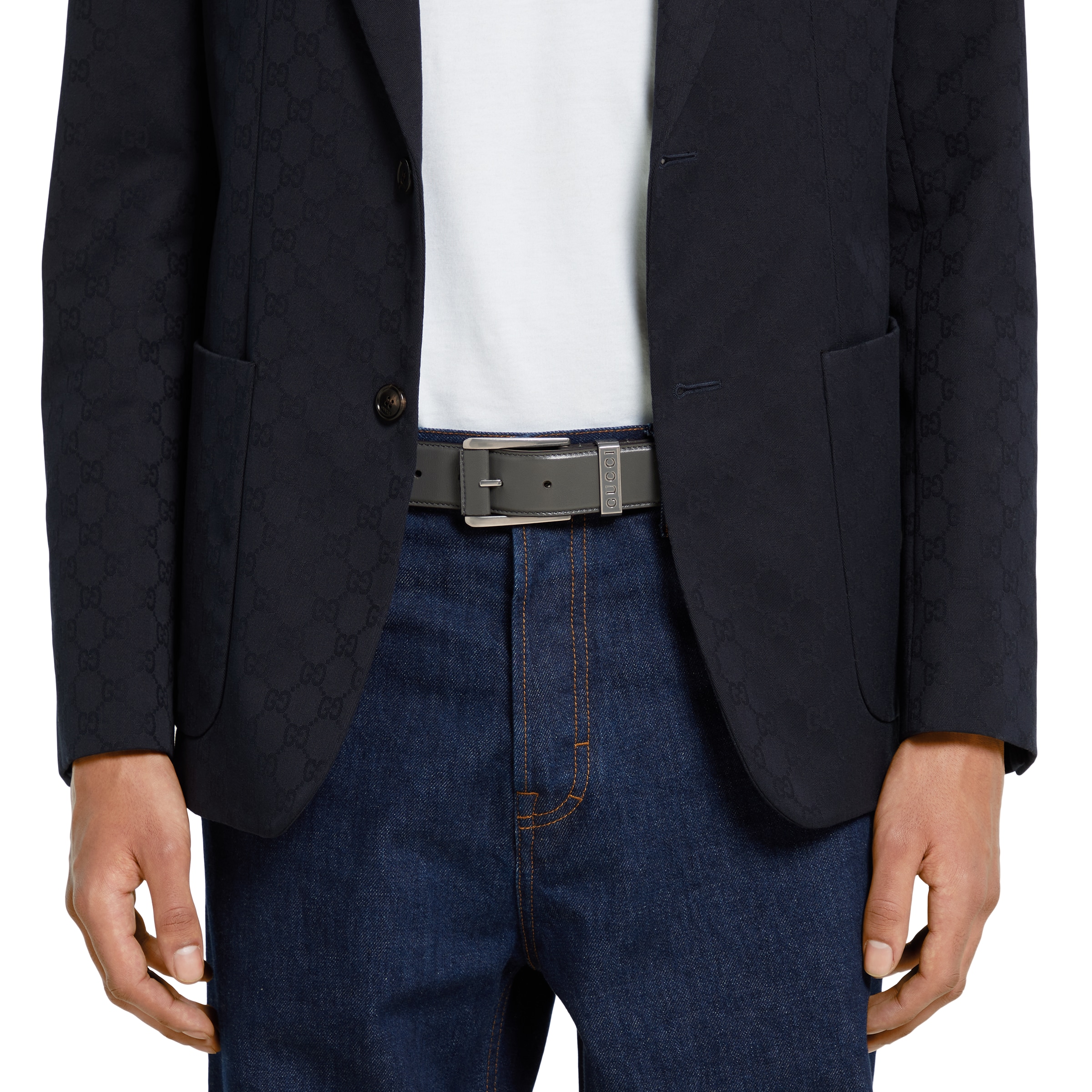 Belt with squared buckle in dark grey leather | GUCCI® US