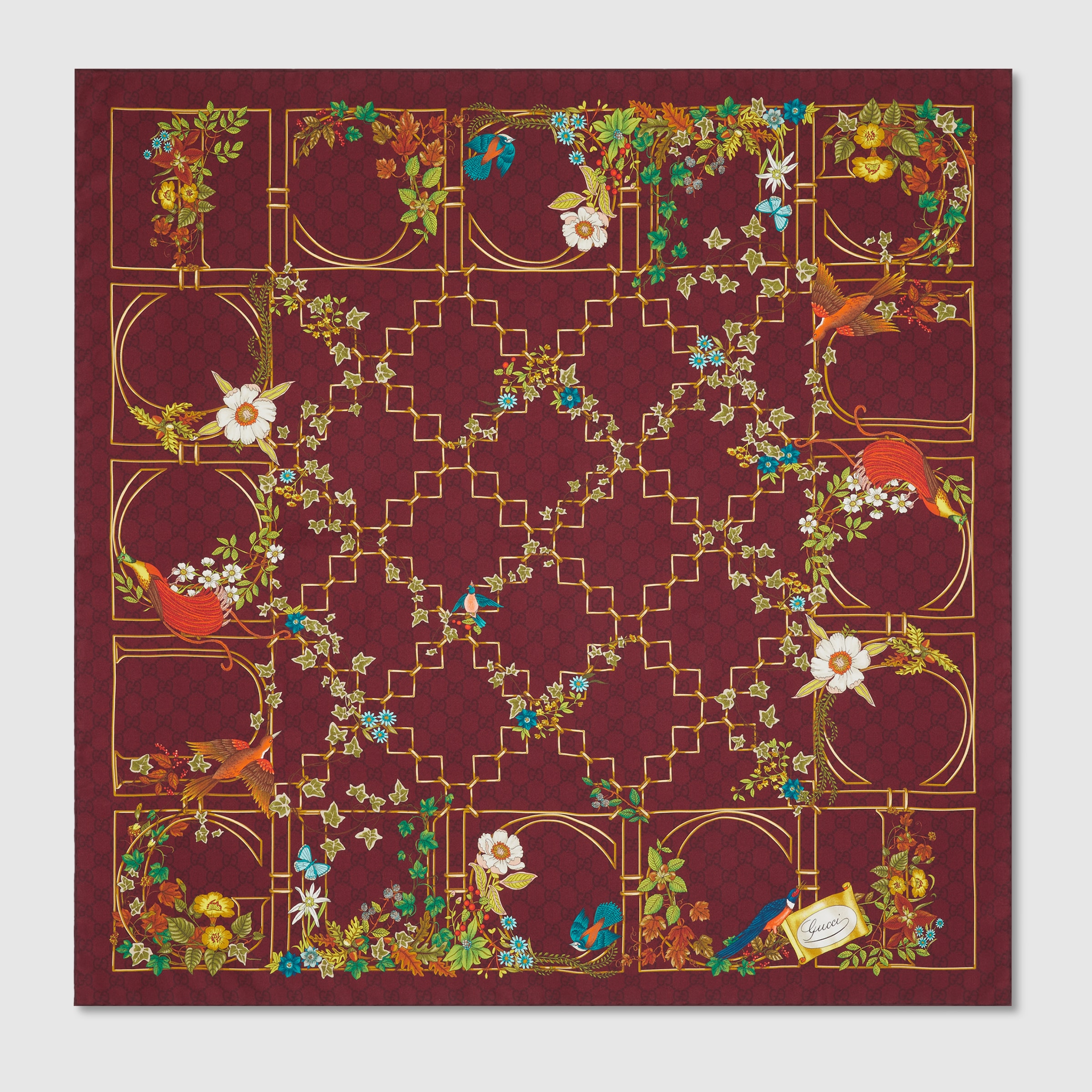 【GUCCI】PRINTED SILK CARRE●7862223G0012279 Printed silk twill carré in bordeaux | GUCCI® US