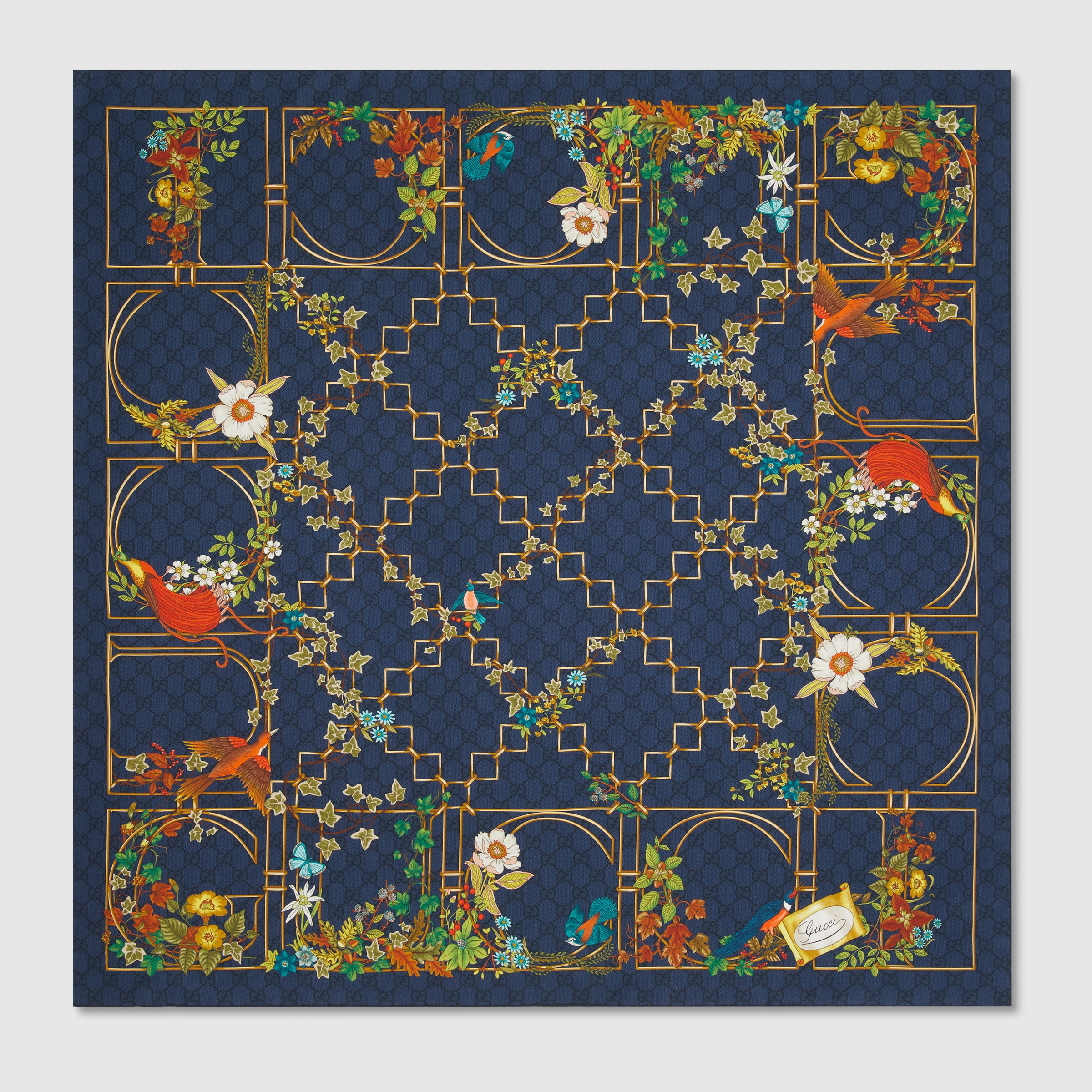 【GUCCI】PRINTED SILK CARRE●7862223G0012279 Printed silk twill carré in dark brown and beige | GUCCI® PL