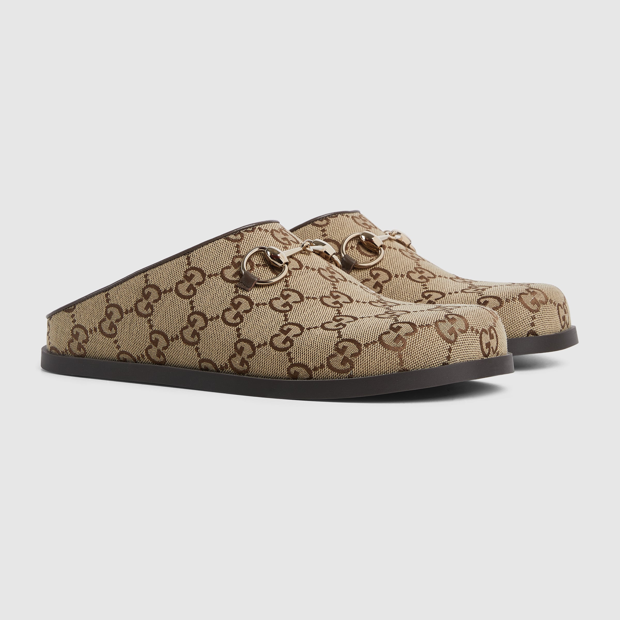 新品入荷 Women's mule with Horsebit in camel and dark brown GG canvas 靴