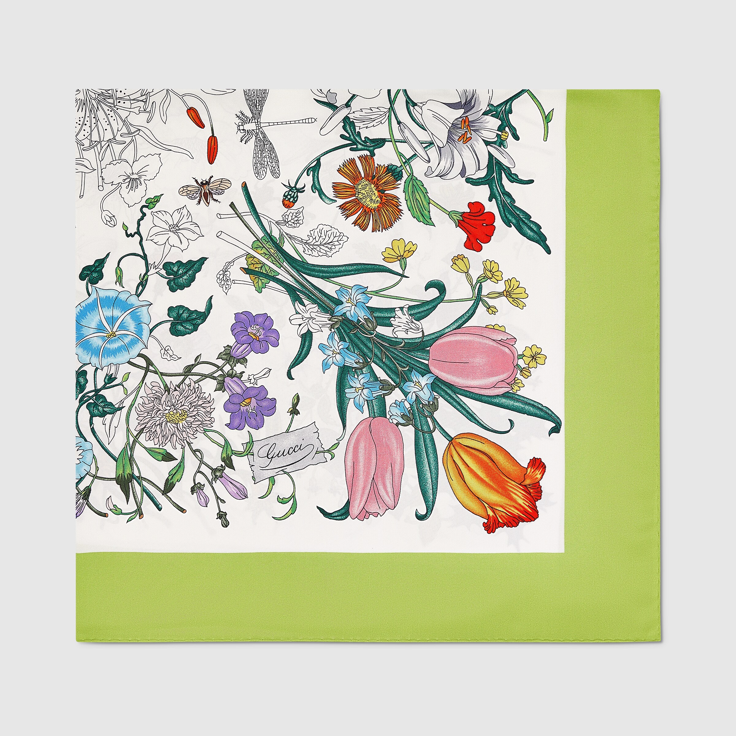 フローラ プリント シルクツイル スカーフ ・ホワイト＆グリーン