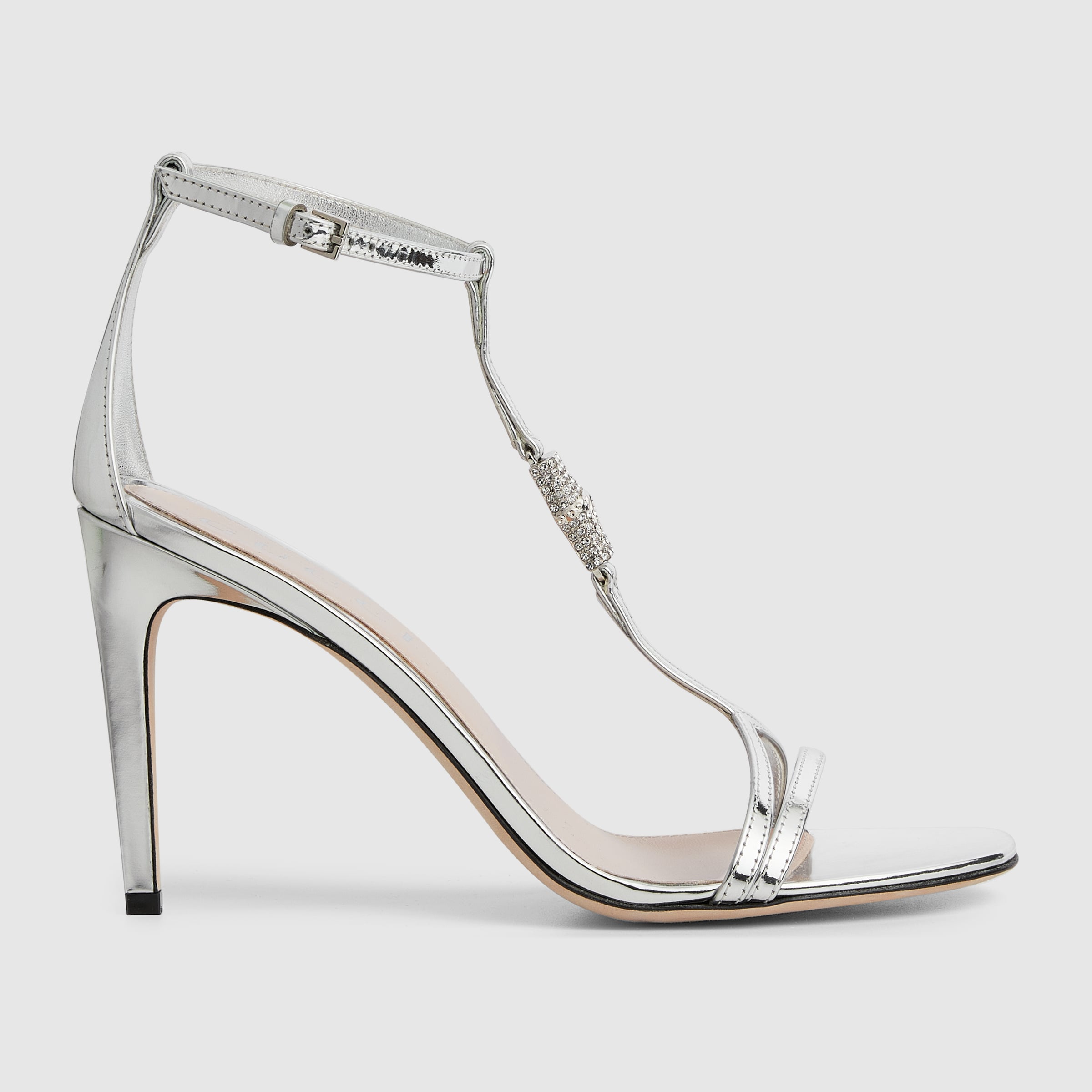 サンダル・ミュール GUCCI SILVER LEATHER SANDALS Lady Horsebit metallic leather mules in silver - Gucci