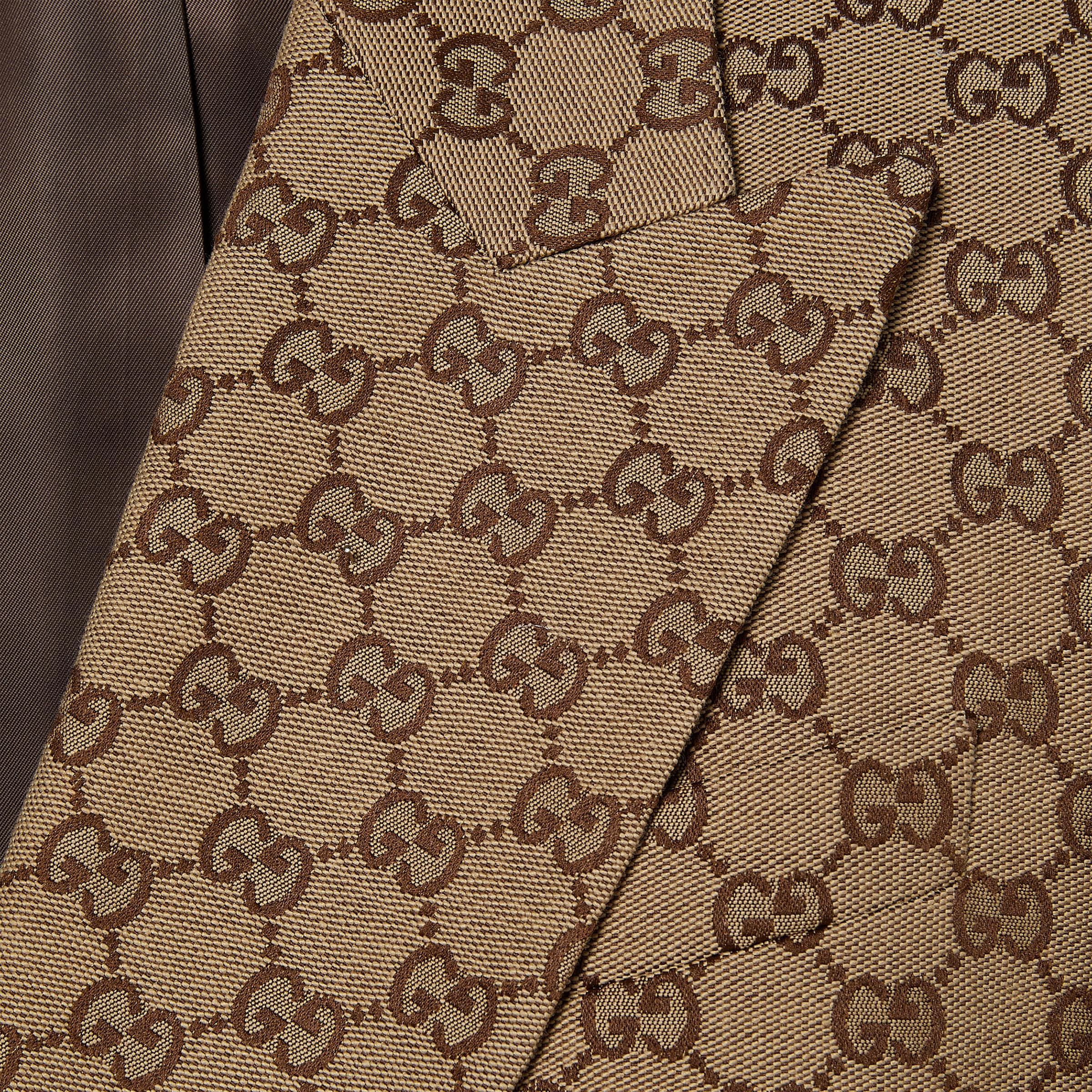 Double-breasted GG canvas jacket in camel and ebony | GUCCI® US