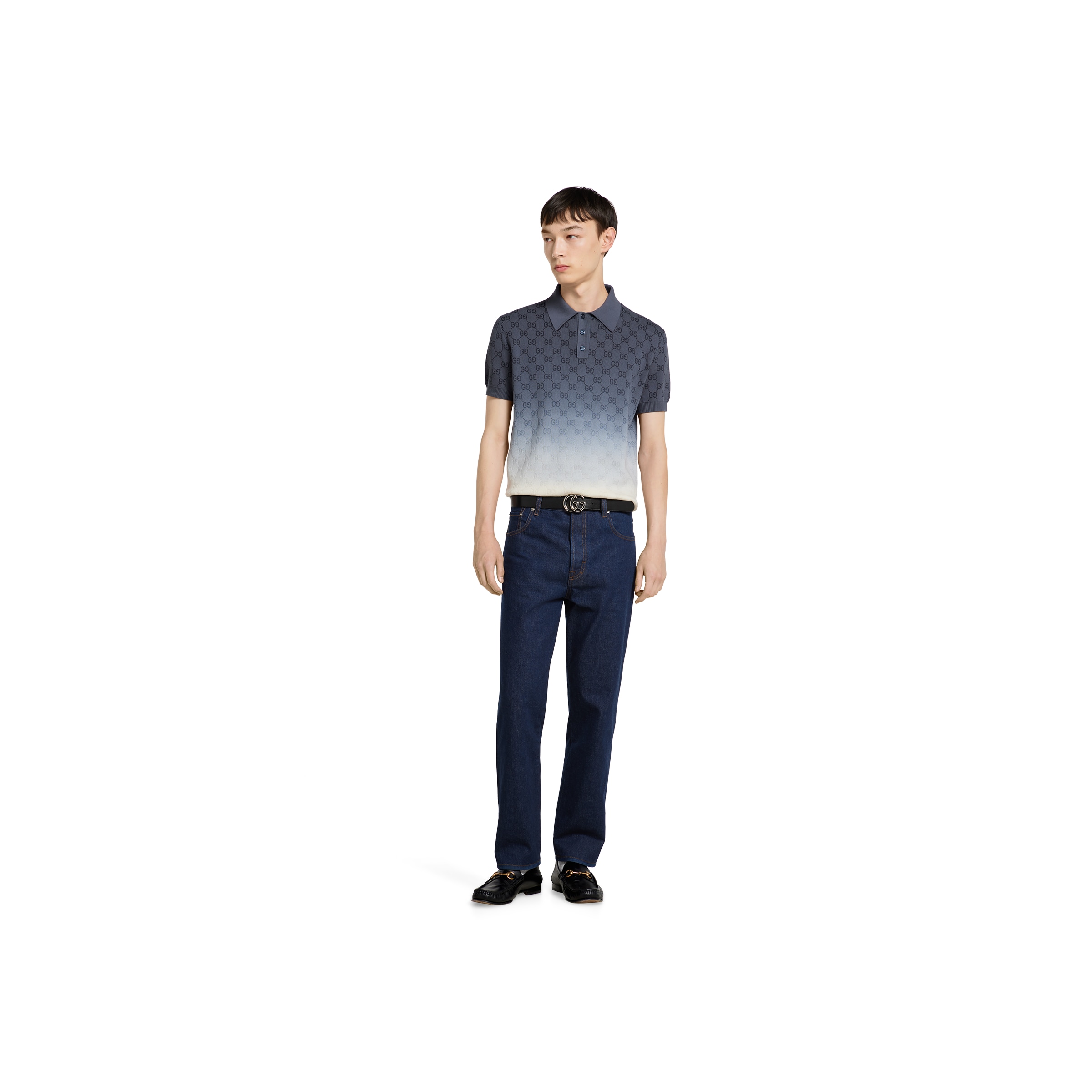 GG cotton knit jacquard polo shirt in gradient dark blue to