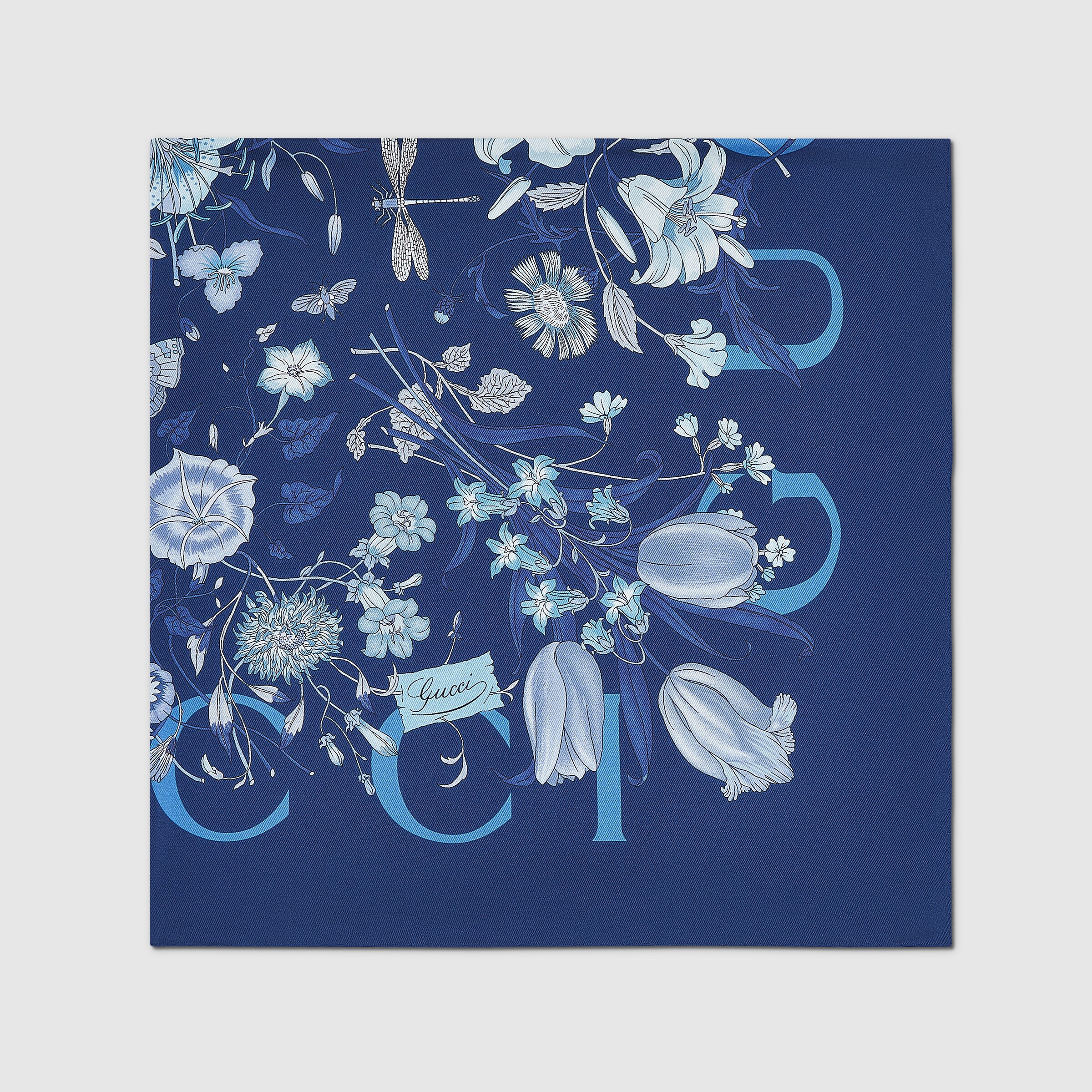 フローラ プリント シルクツイル スカーフ ・ダークブルー | GUCCI公式