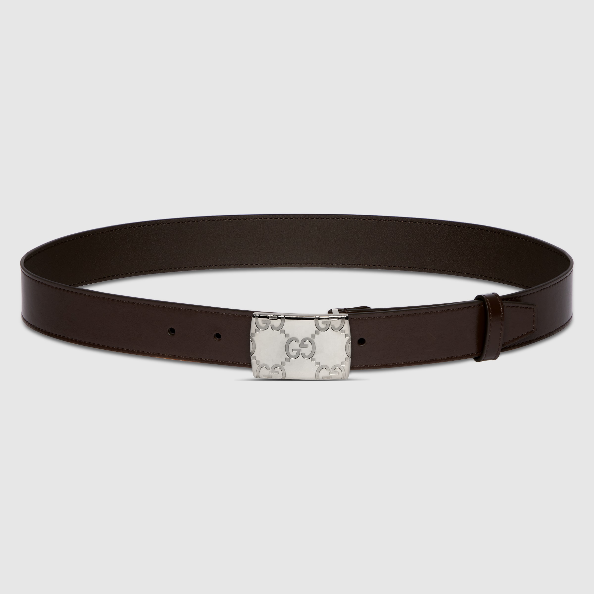 Belt with rectangular buckle in dark brown smooth leather