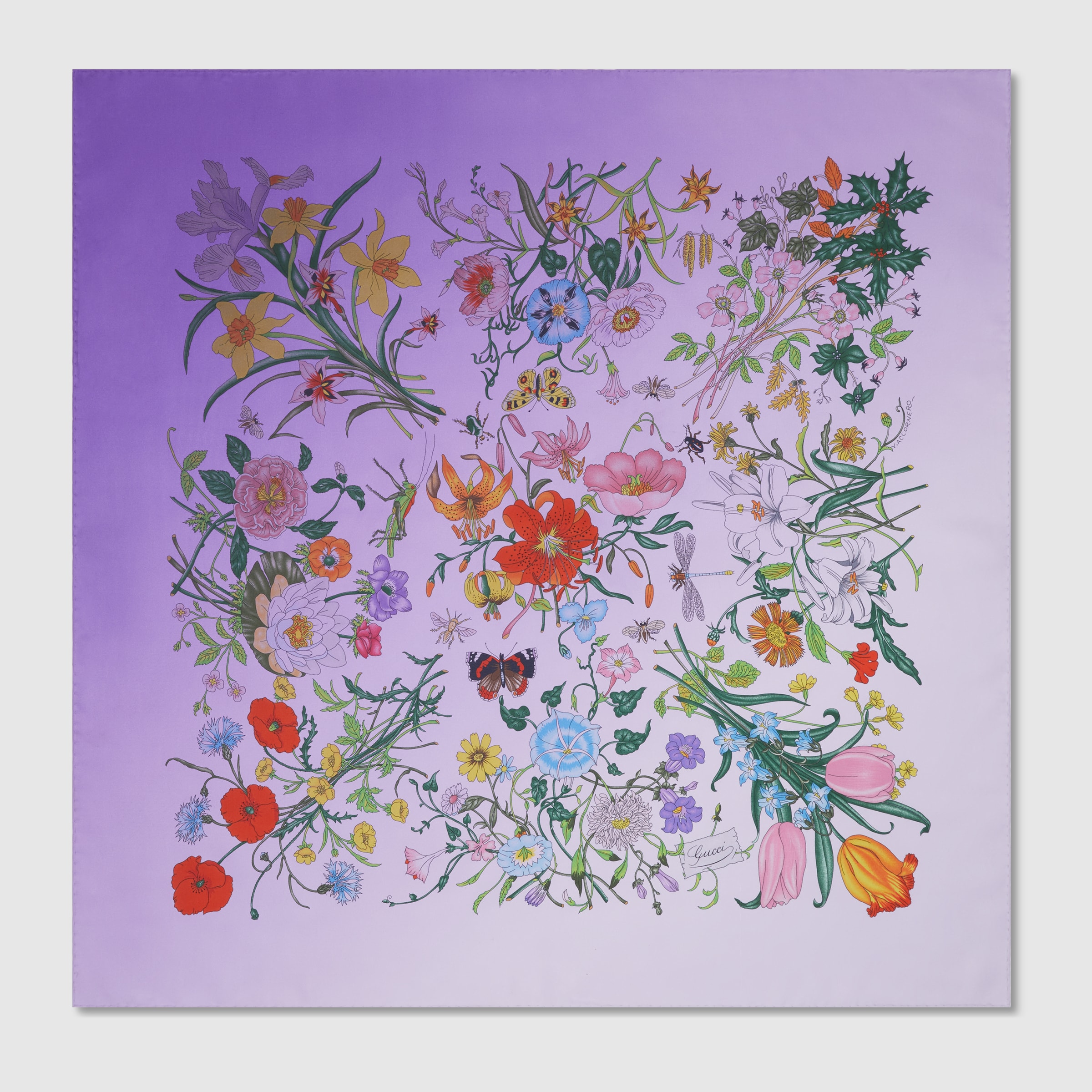 Printed Flora silk twill carré in gradient lilac | GUCCI® CA