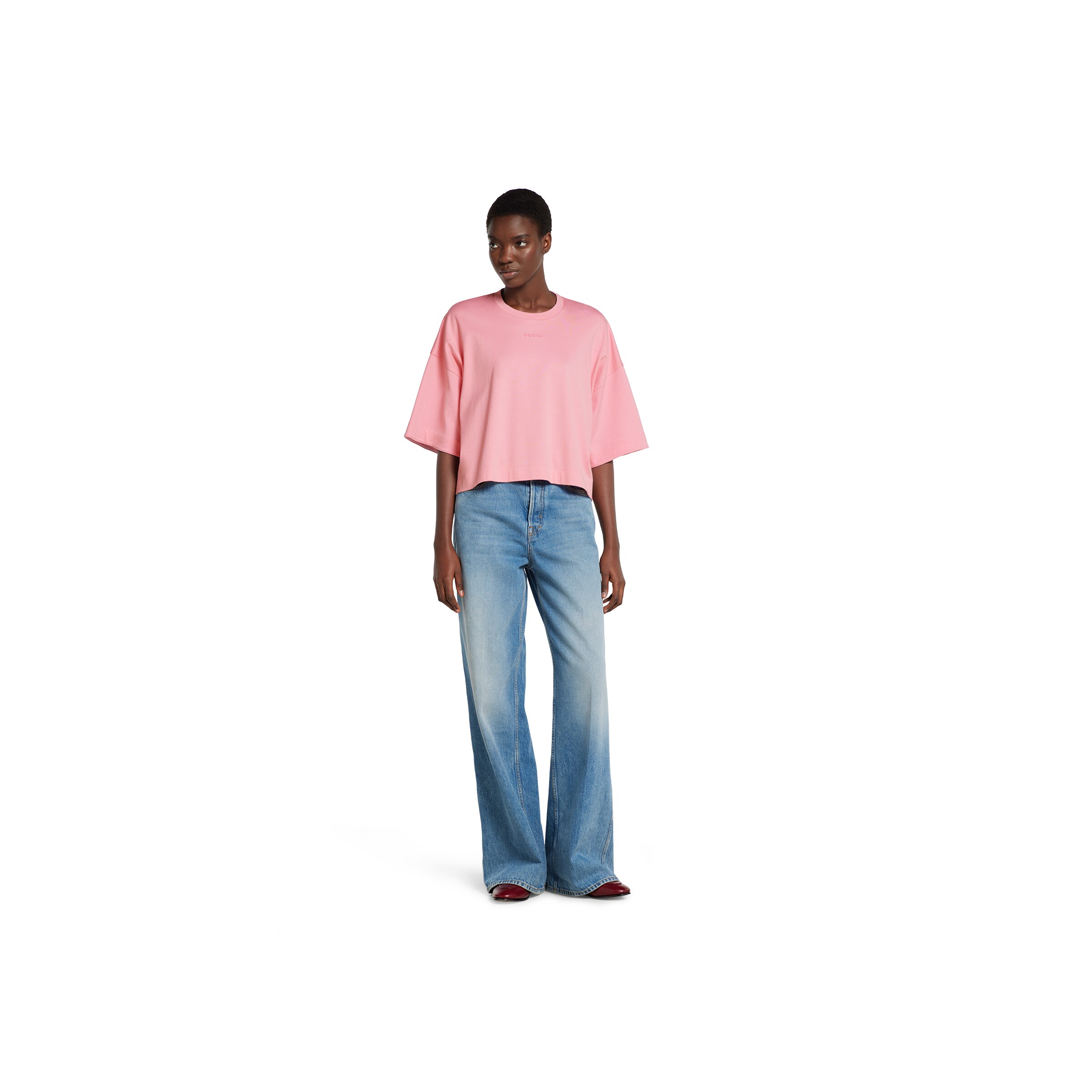 Cotton jersey maxi T-shirt with embroidery in pink | GUCCI® US