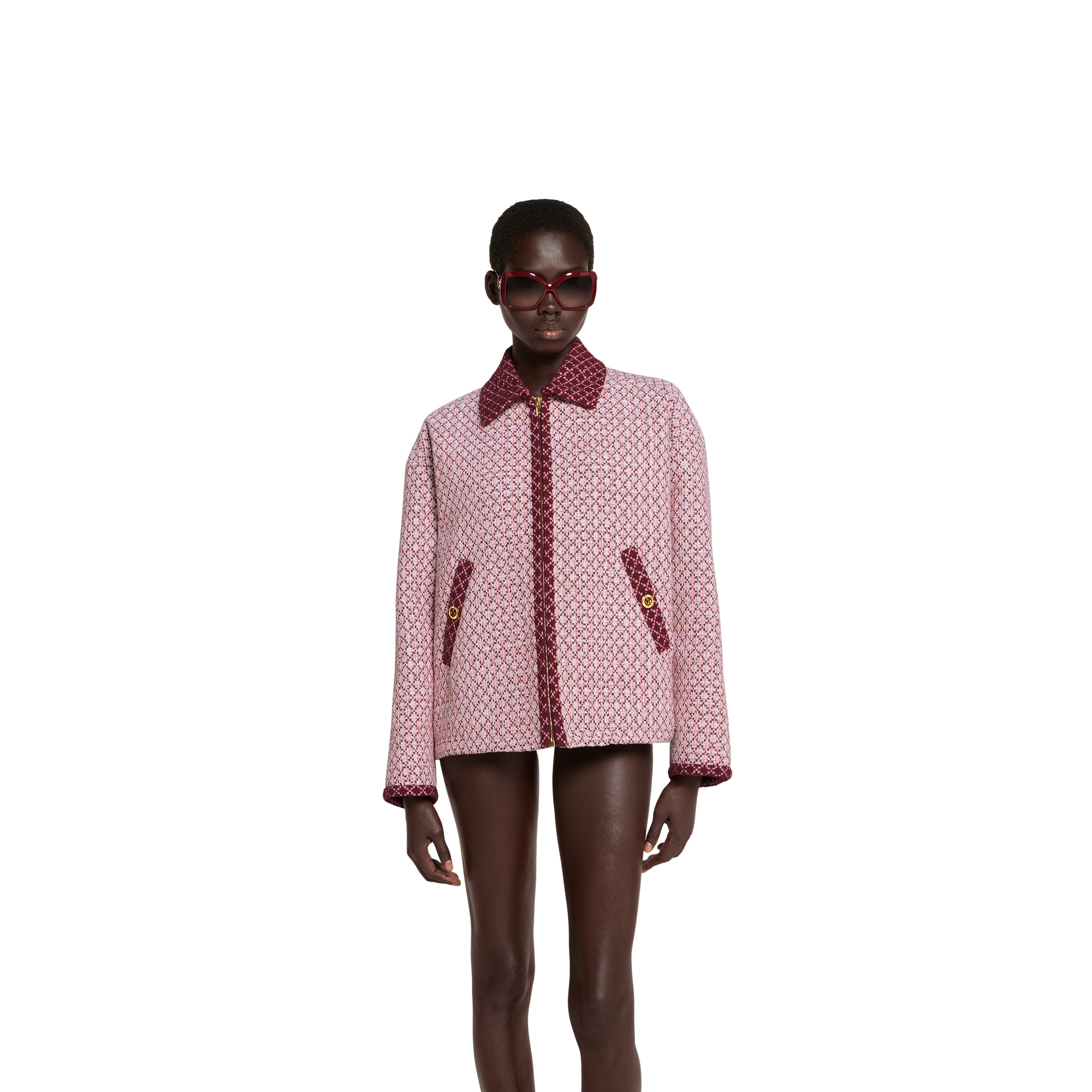 Diamond cotton bouclé zip jacket in pink and burgundy