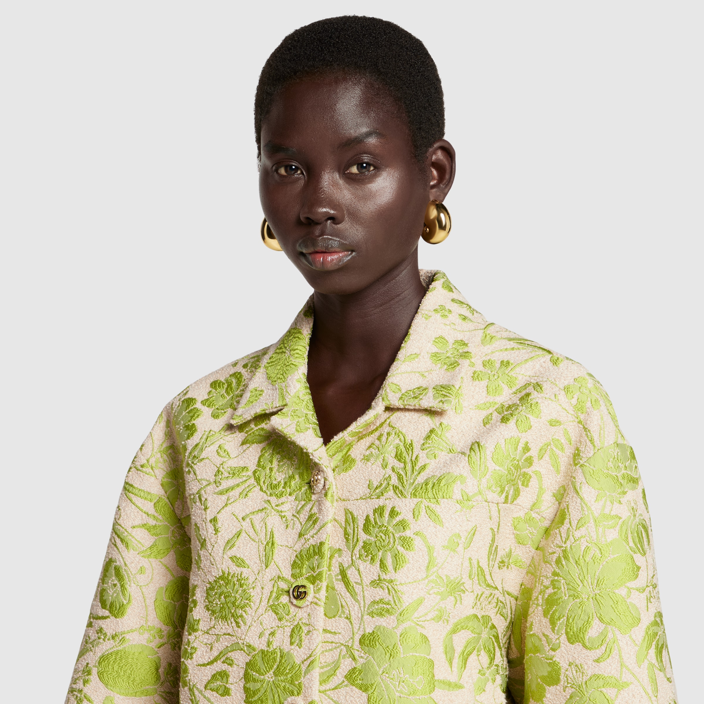 Flora cotton bouclé jacquard jacket in beige and green