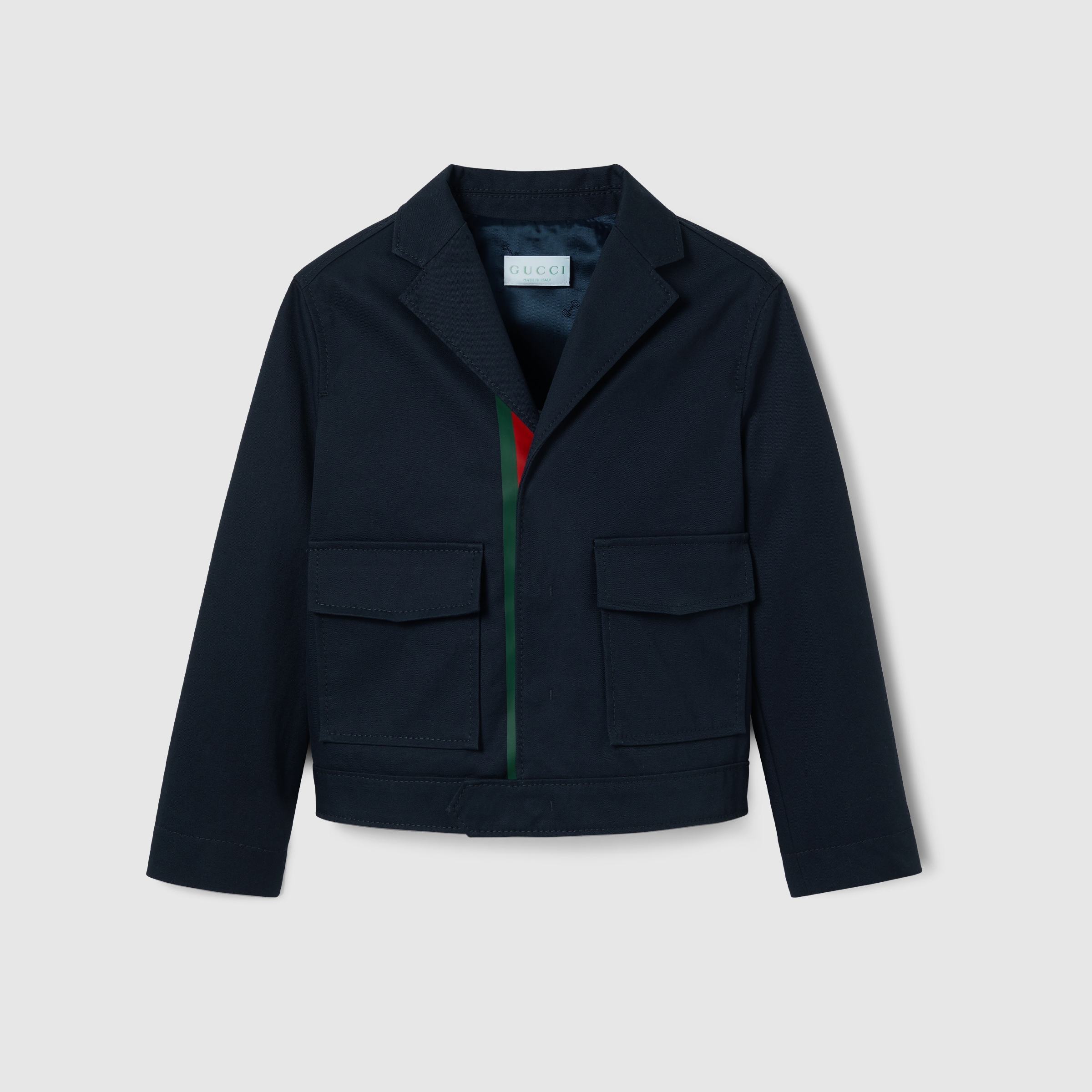 【送料&関税込】Gucci Graphite Twill Blazer Children's cotton jacket with Web in dark blue | GUCCI® CA