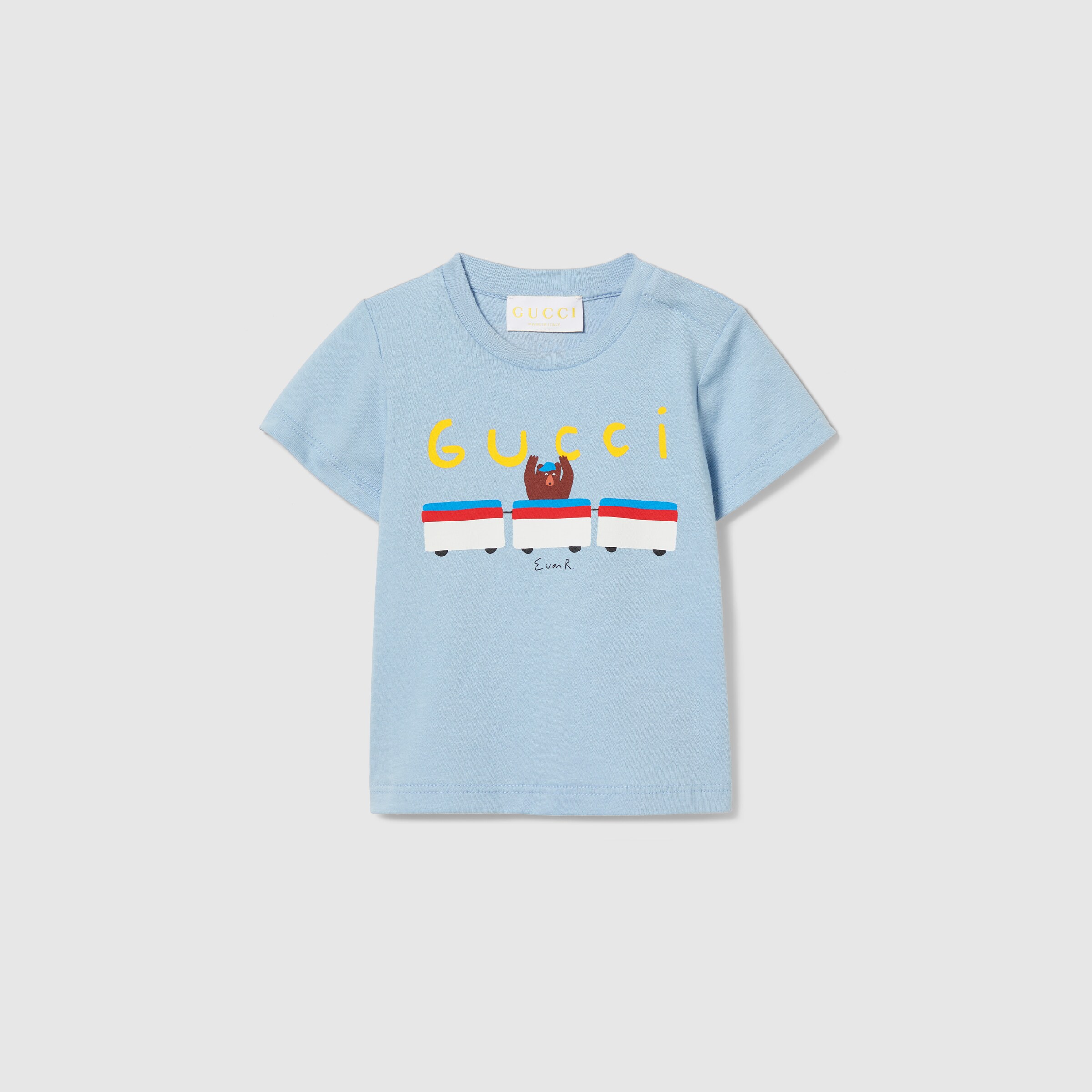 Baby cotton T-shirt with print in light blue | GUCCI® US