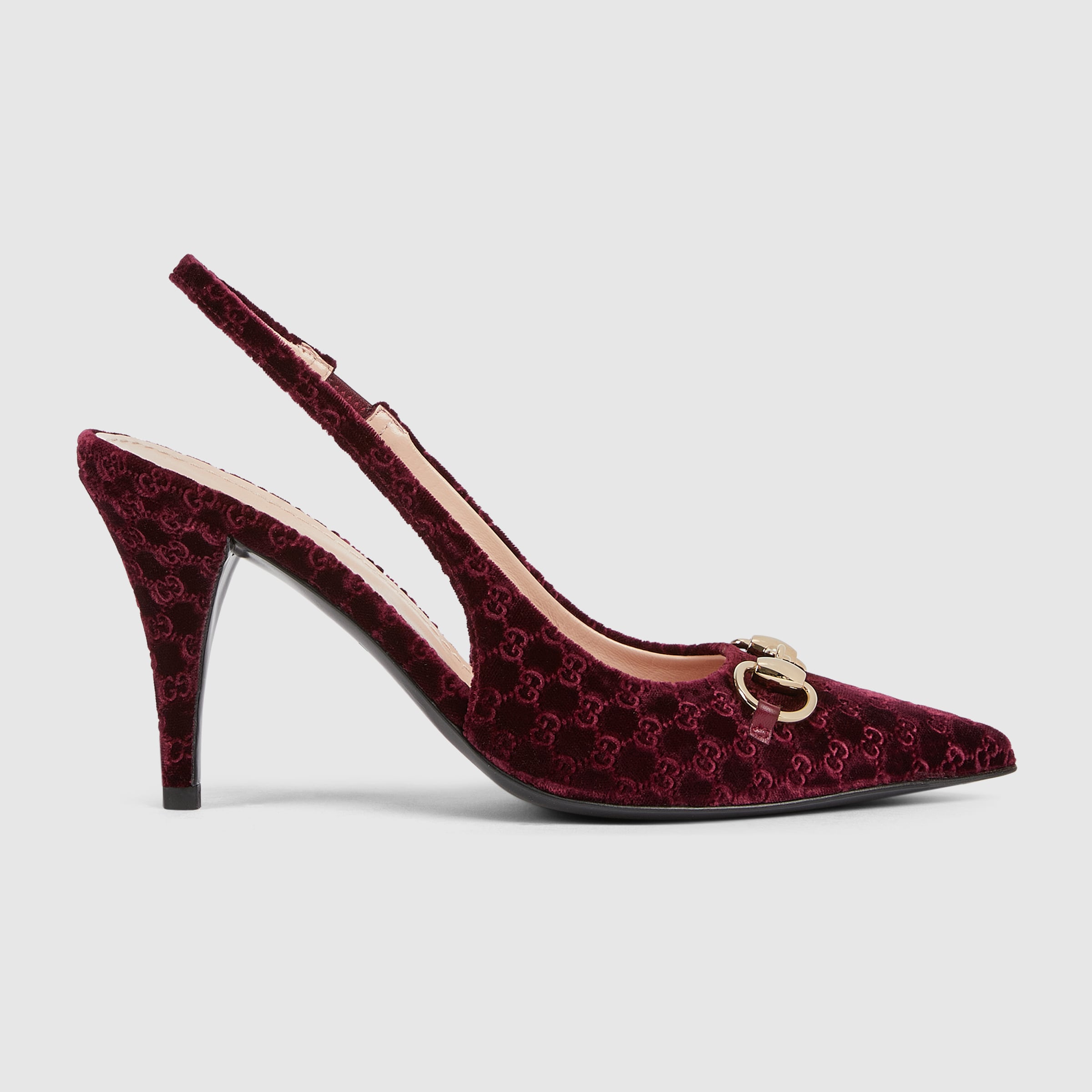 GUCCI ポインテッドトゥミュール ブラウン/ベージュ Women's slingback pump with Horsebit in bordeaux GG velvet