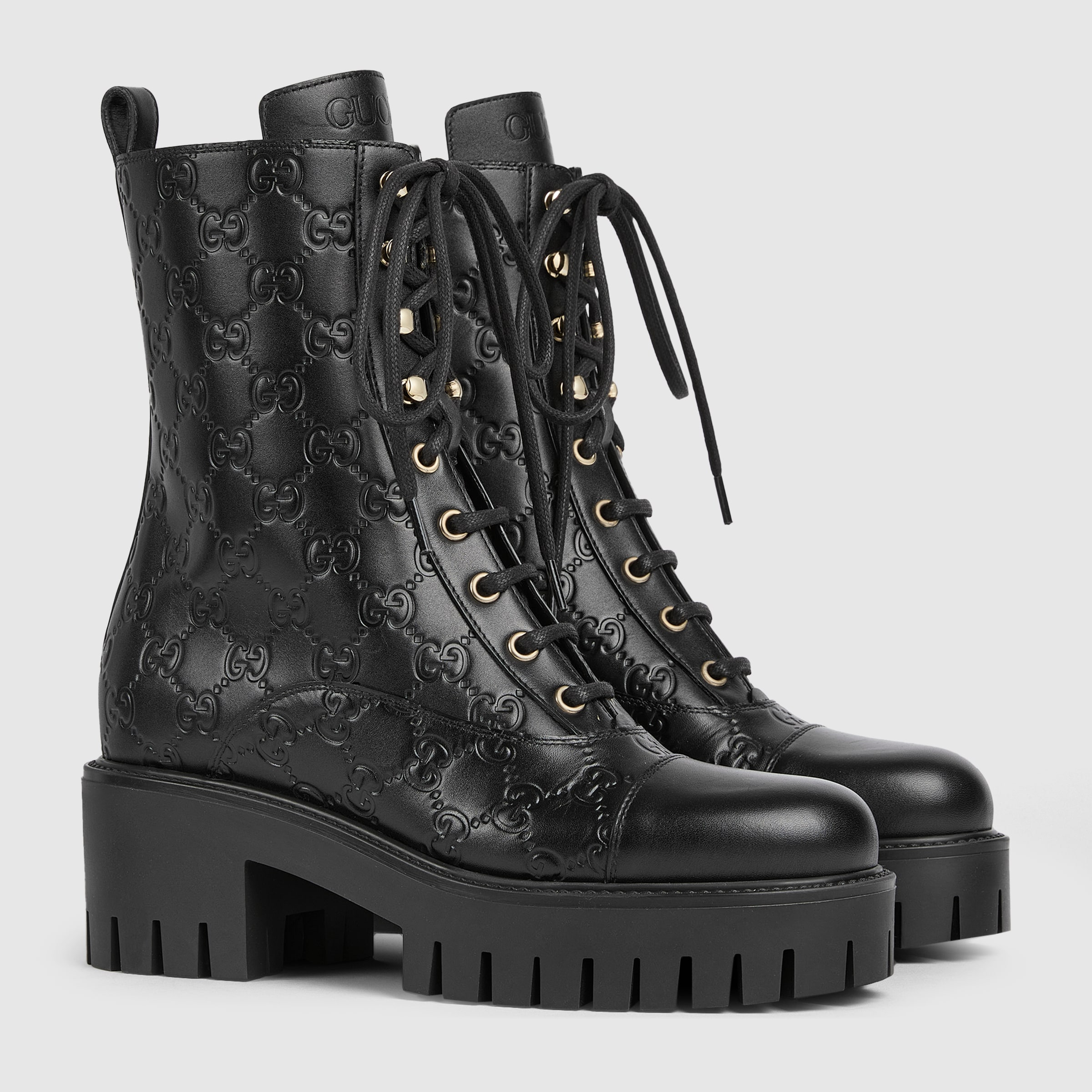 Women's lace-up ankle boot with GG in black GG leather | GUCCI® US