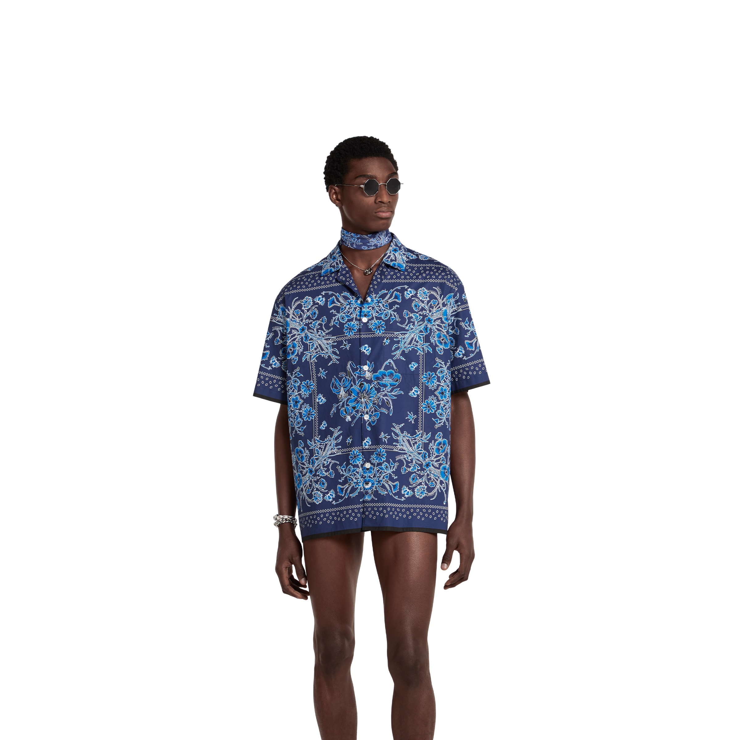 Printed cotton poplin bowling shirt in blue | GUCCI® US