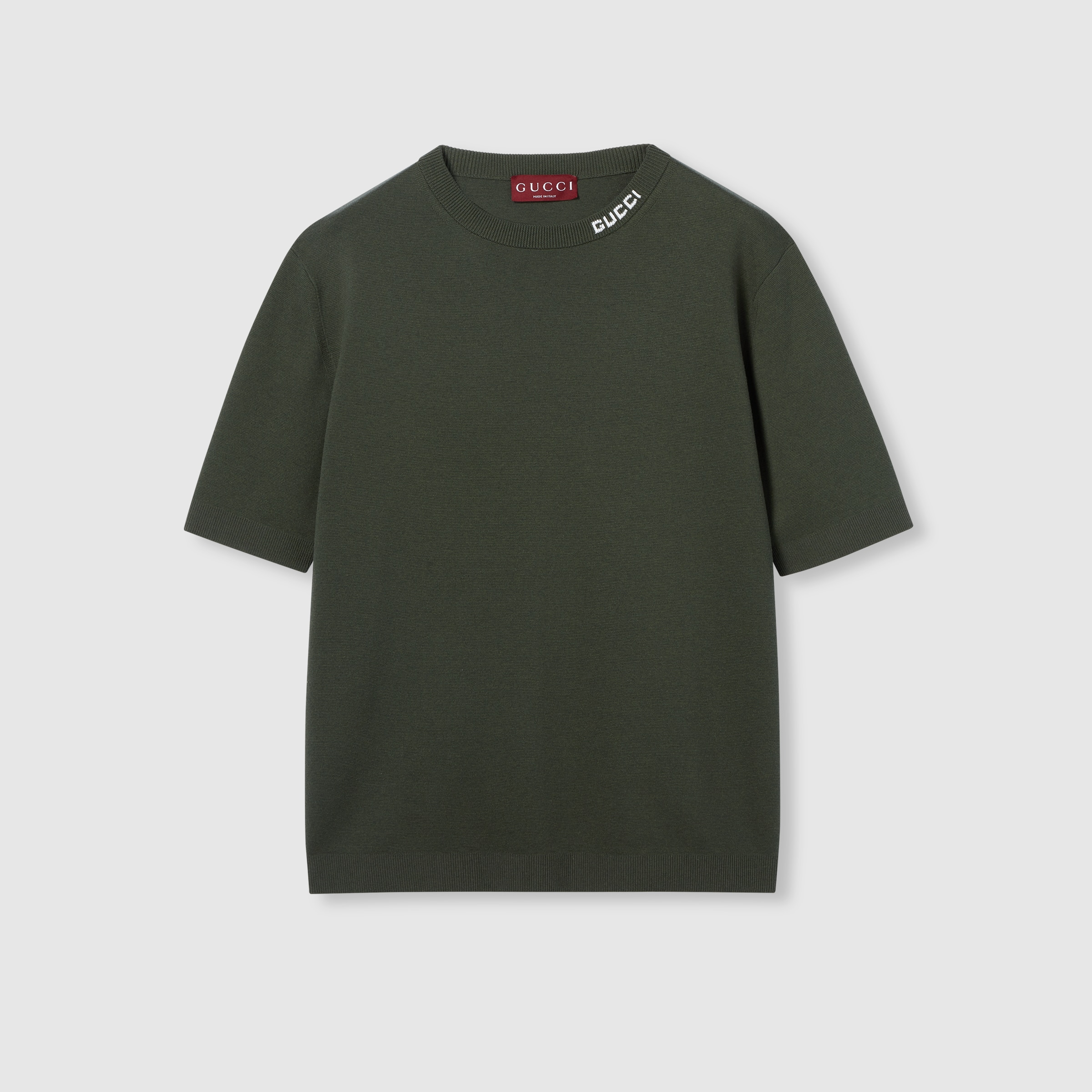 Silk cotton knit T-shirt with intarsia in forest green