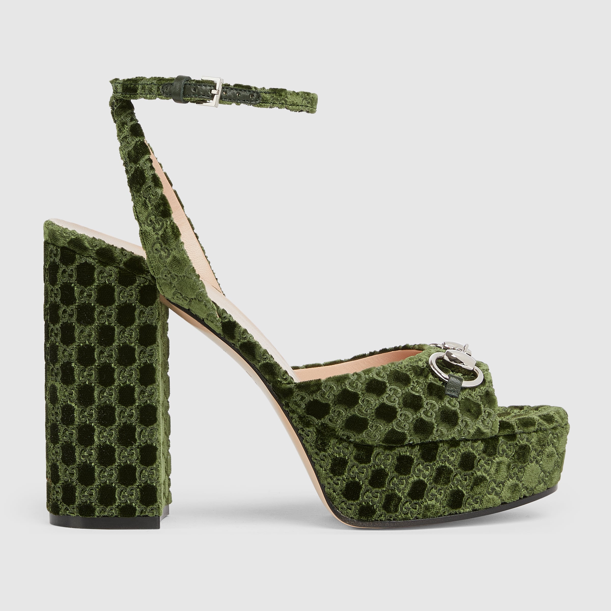 GUCCI★ウェブディテールGG Incrocioサンダル Women's platform sandal with Horsebit in black GG velvet
