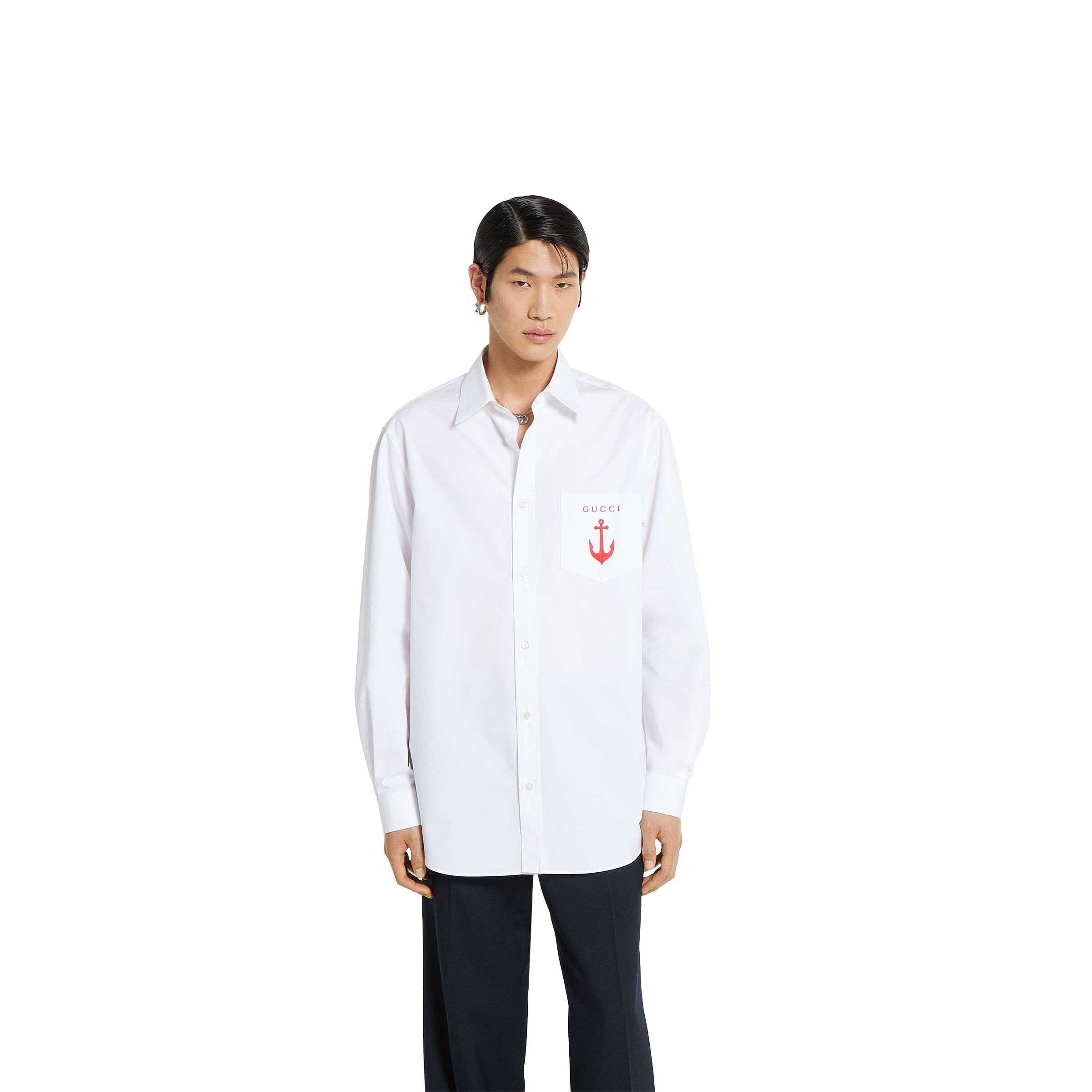 Cotton poplin shirt with embroidery in white | GUCCI® US