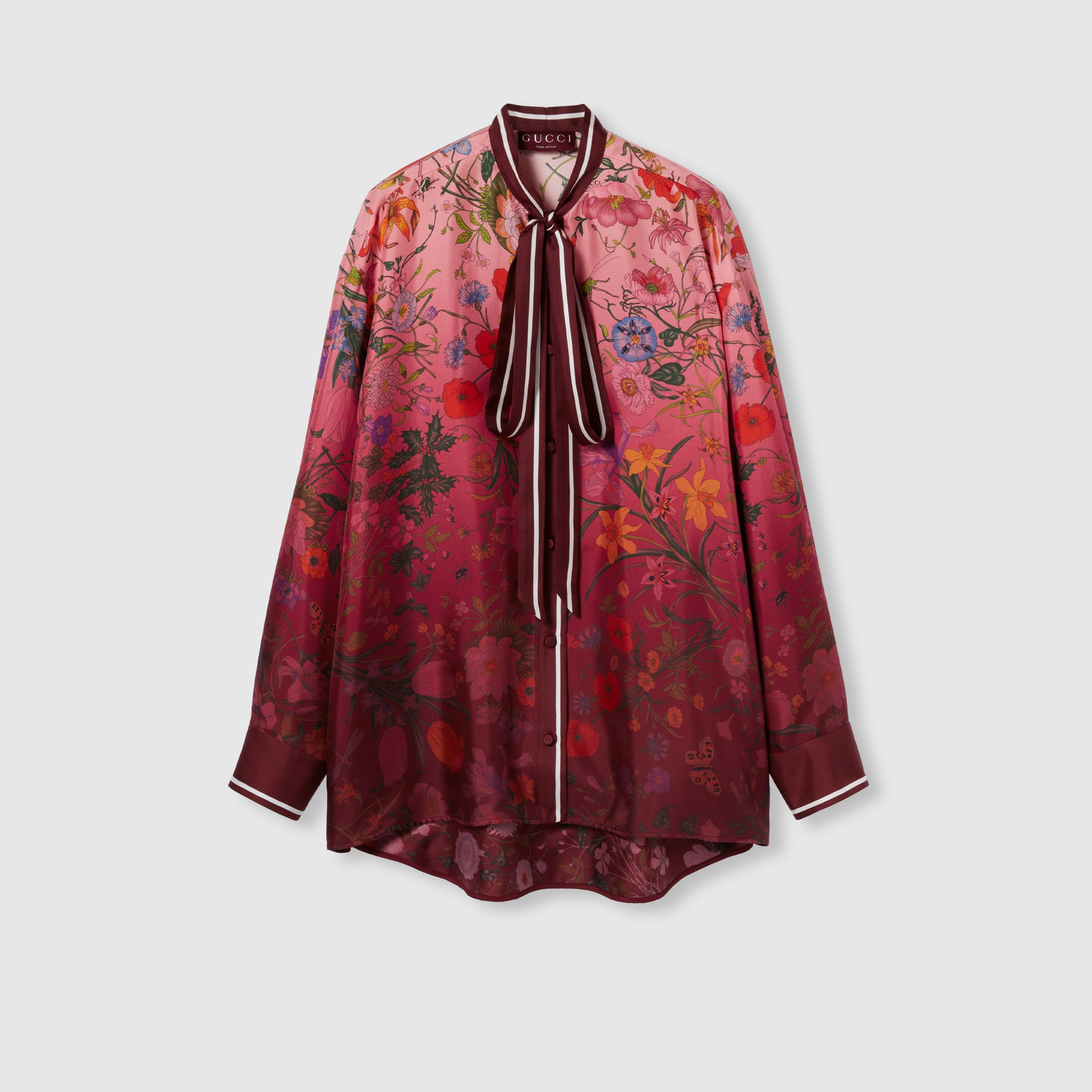 Printed silk shirt with neck bow in pink and rosso ancora