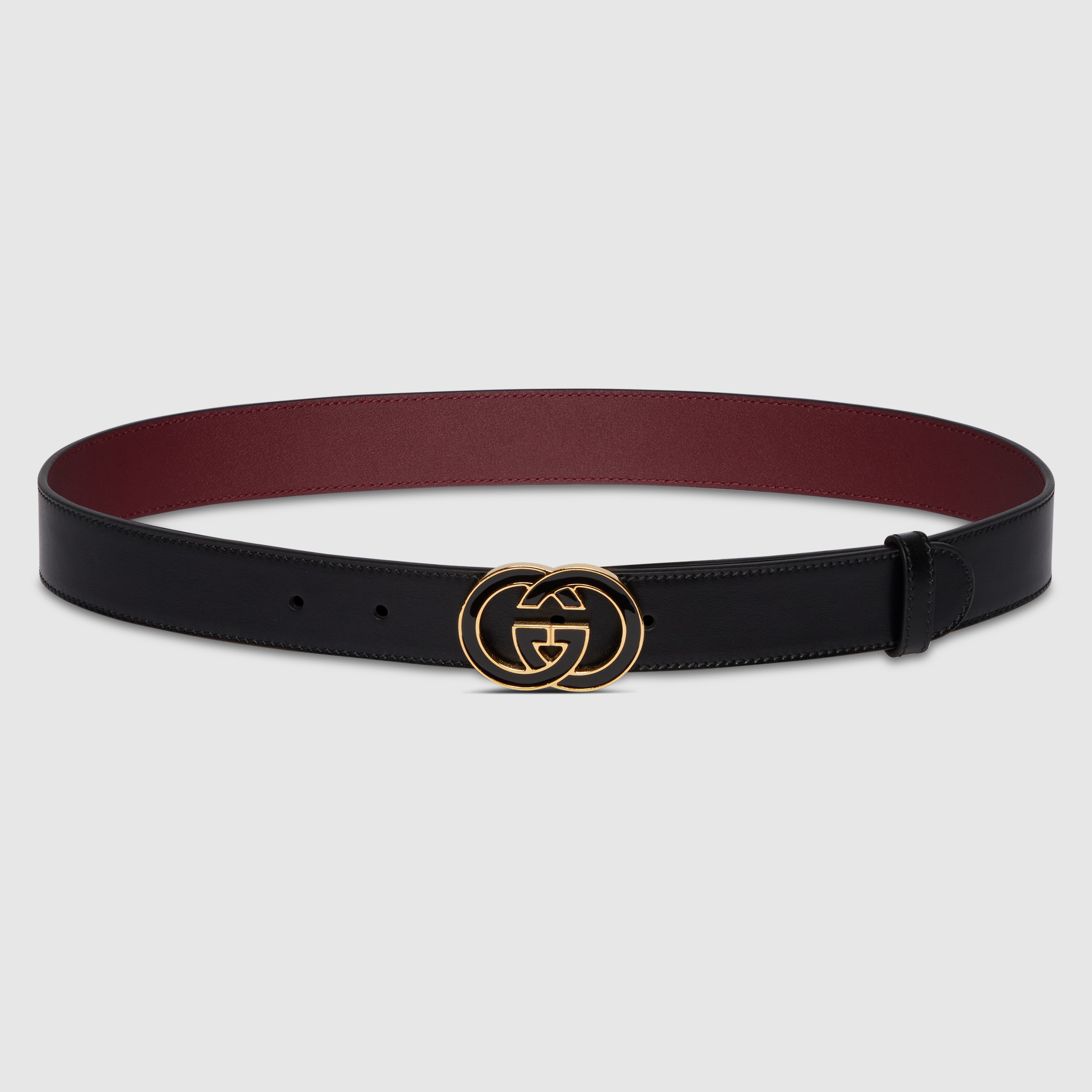 Payu1　baccara Belt with Interlocking G buckle in black and Rosso Ancora