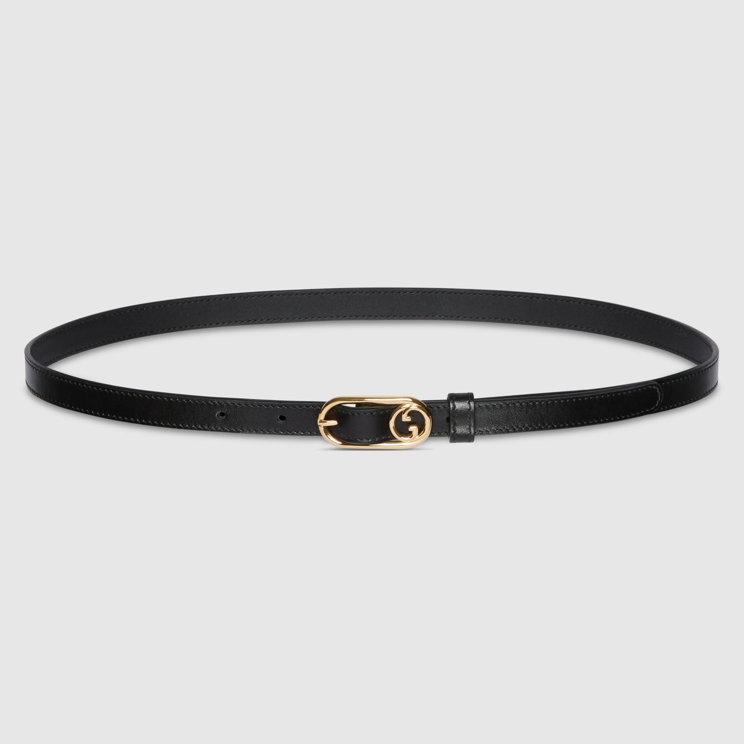 Thin belt with Round Interlocking G in black leather | GUCCI® US