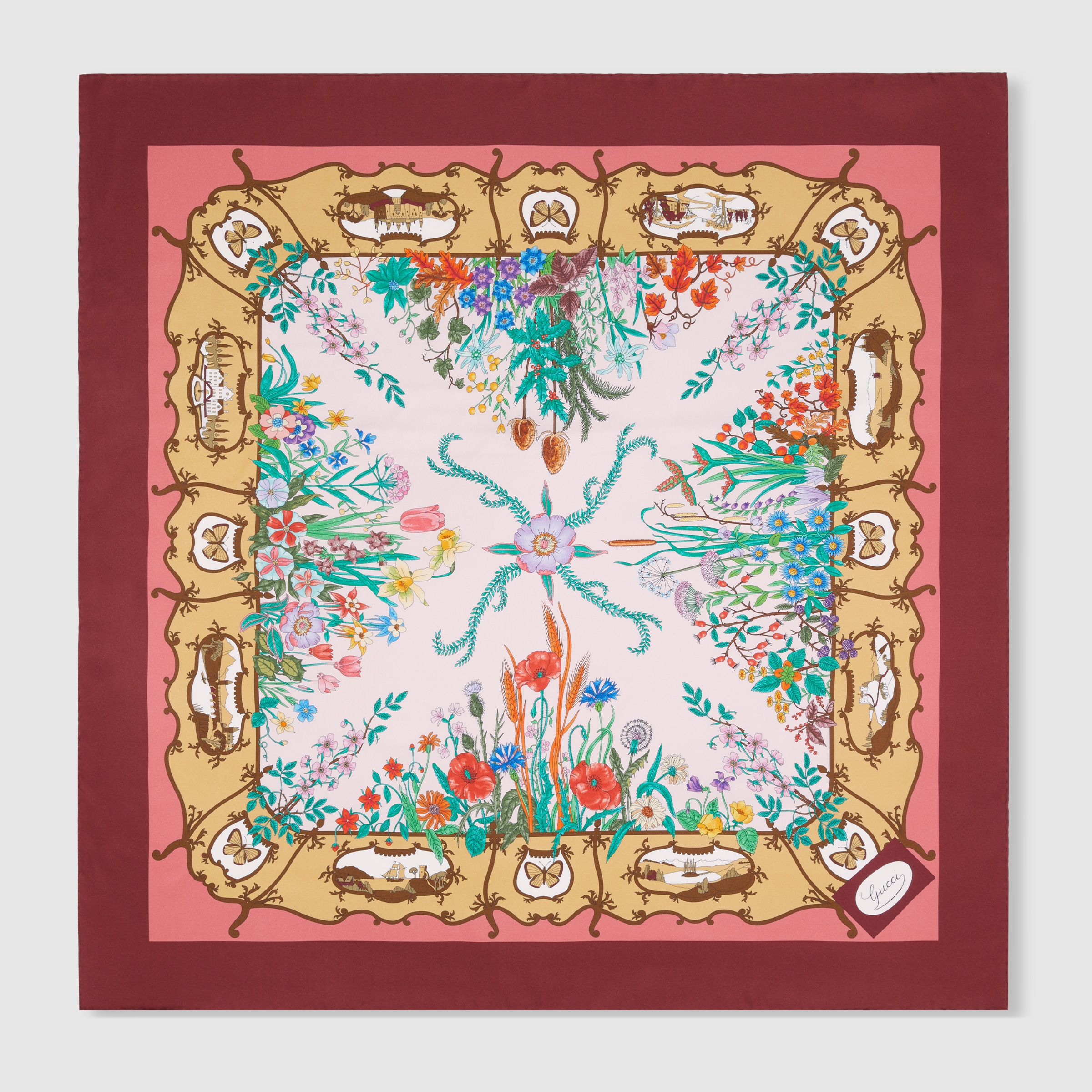 プリント シルクツイル スカーフ ・マルチカラー＆ボルドー | GUCCI公式