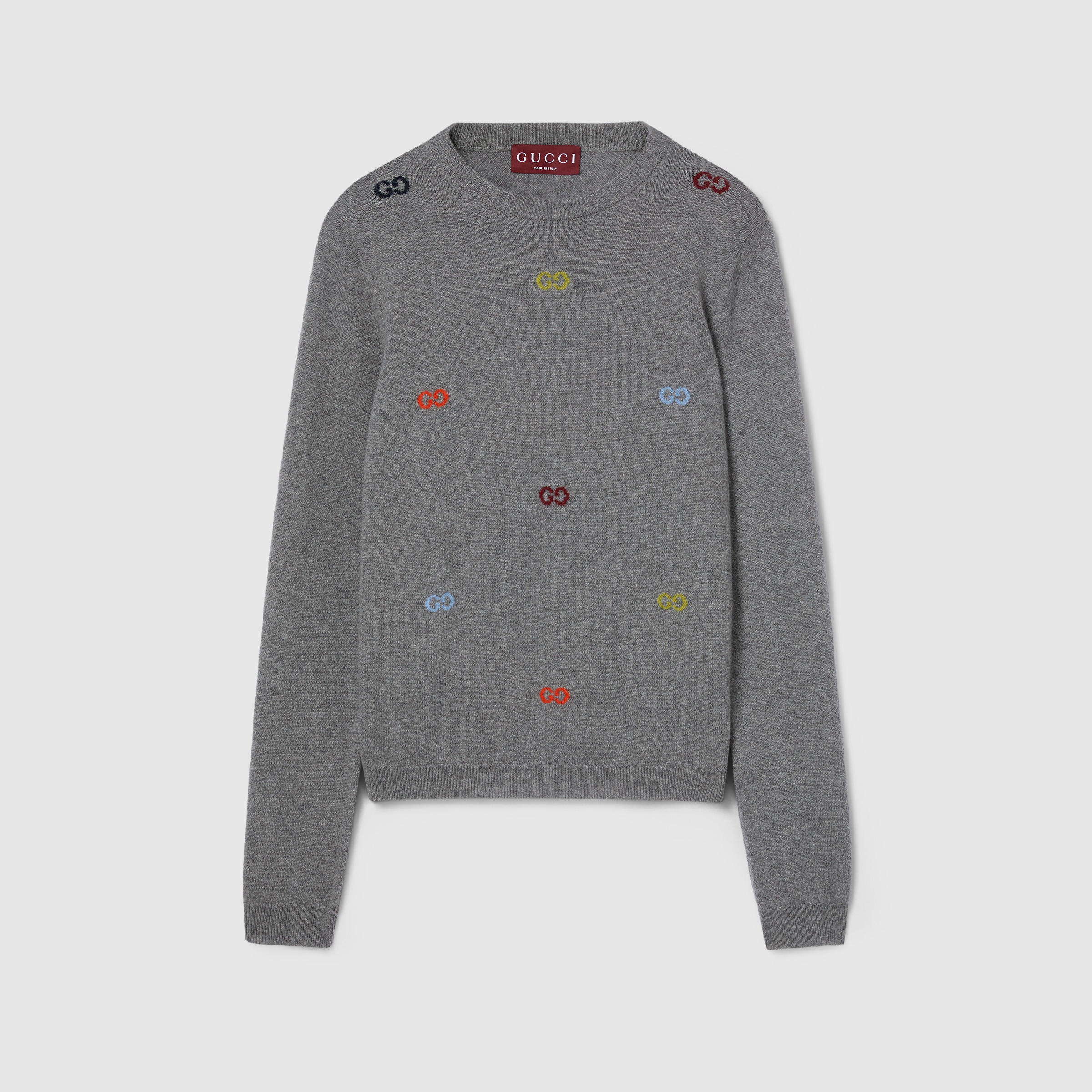 ◆GUCCI◆ WOOL SWEATER WITH GUCCI INTARSIA ニット グレー Fine cashmere sweater with intarsia in grey | GUCCI® US