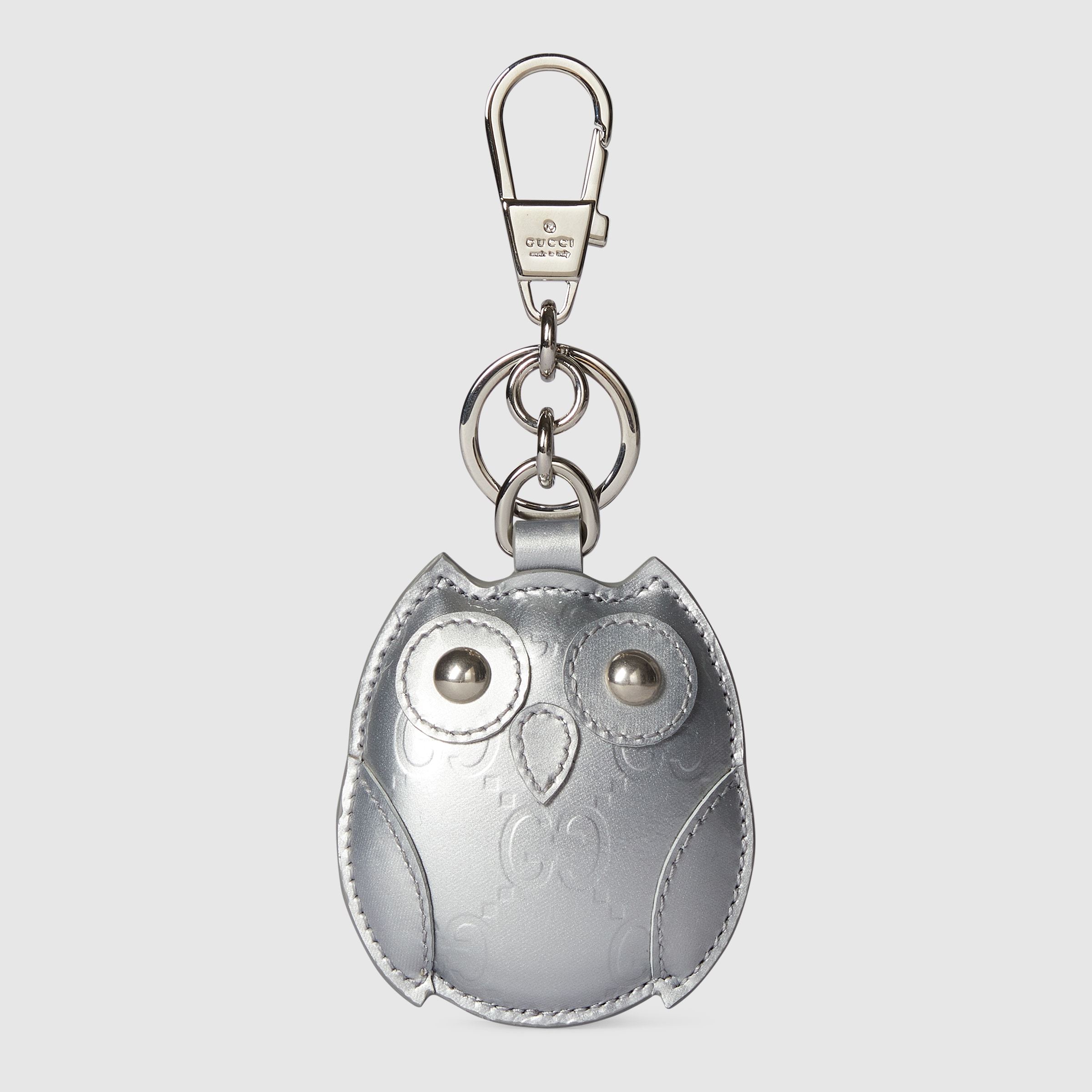 Owl-shaped bag charm in silver patent GG leather | GUCCI® US