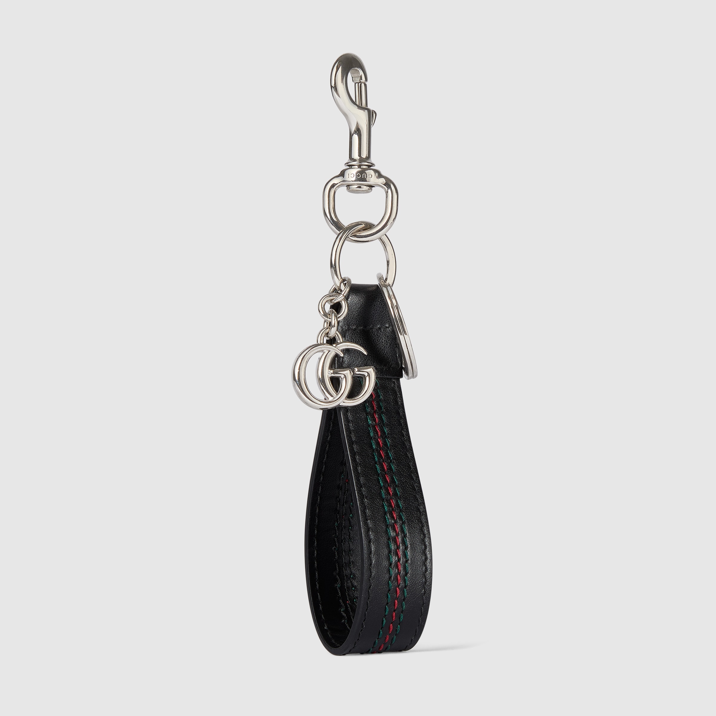 Double G keychain with Web detail in black leather | GUCCI® US