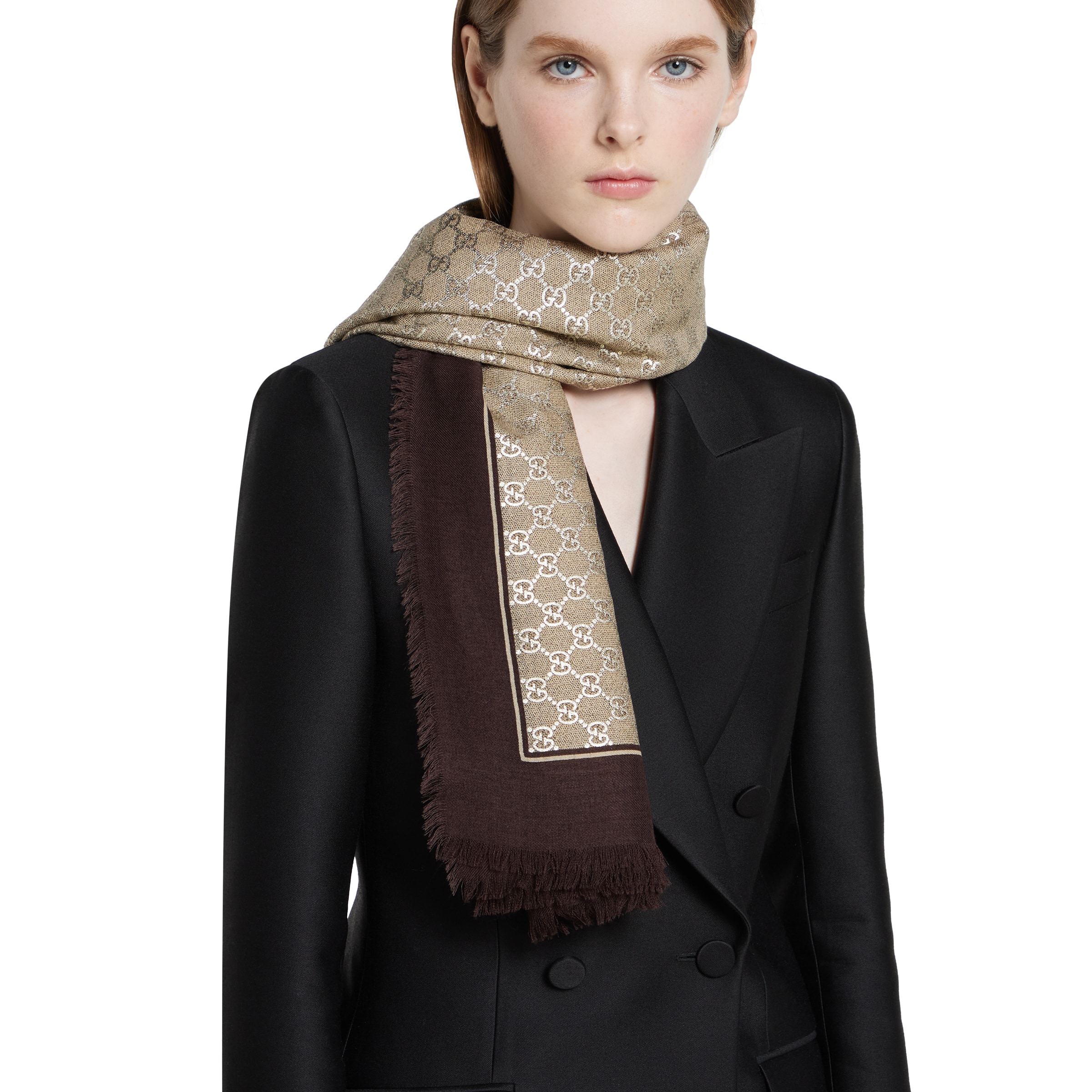 Laminated GG wool shawl in brown | GUCCI® US Laminated GG wool shawl in brown | GUCCI® US
