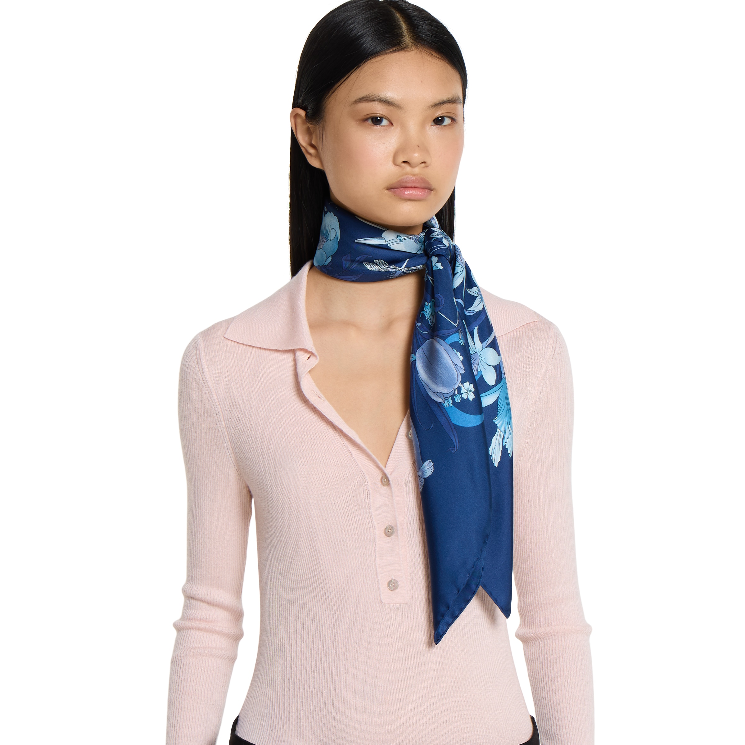 ■美品■グッチ■スカーフ■シルク■ブルー系■J0411 フローラ プリント シルクツイル スカーフ ・ダークブルー