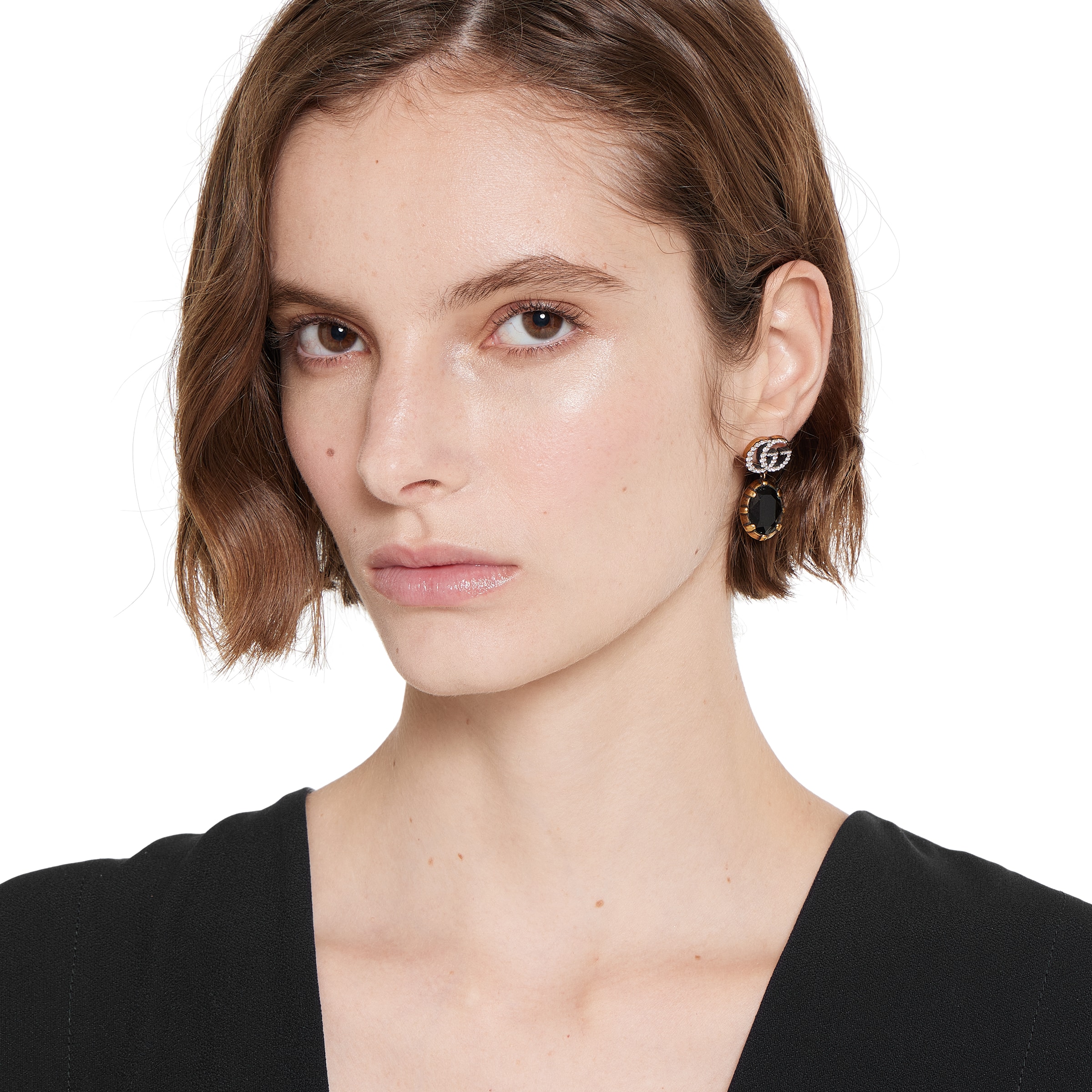 GG Marmont crystal earrings in aged gold metal | GUCCI® US