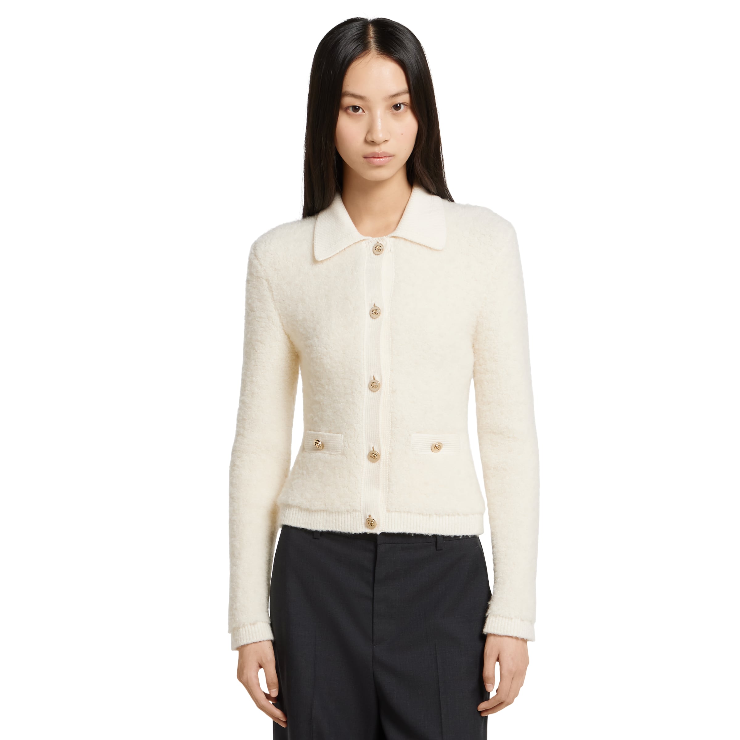 Wool bouclé polo cardigan in white | GUCCI® US