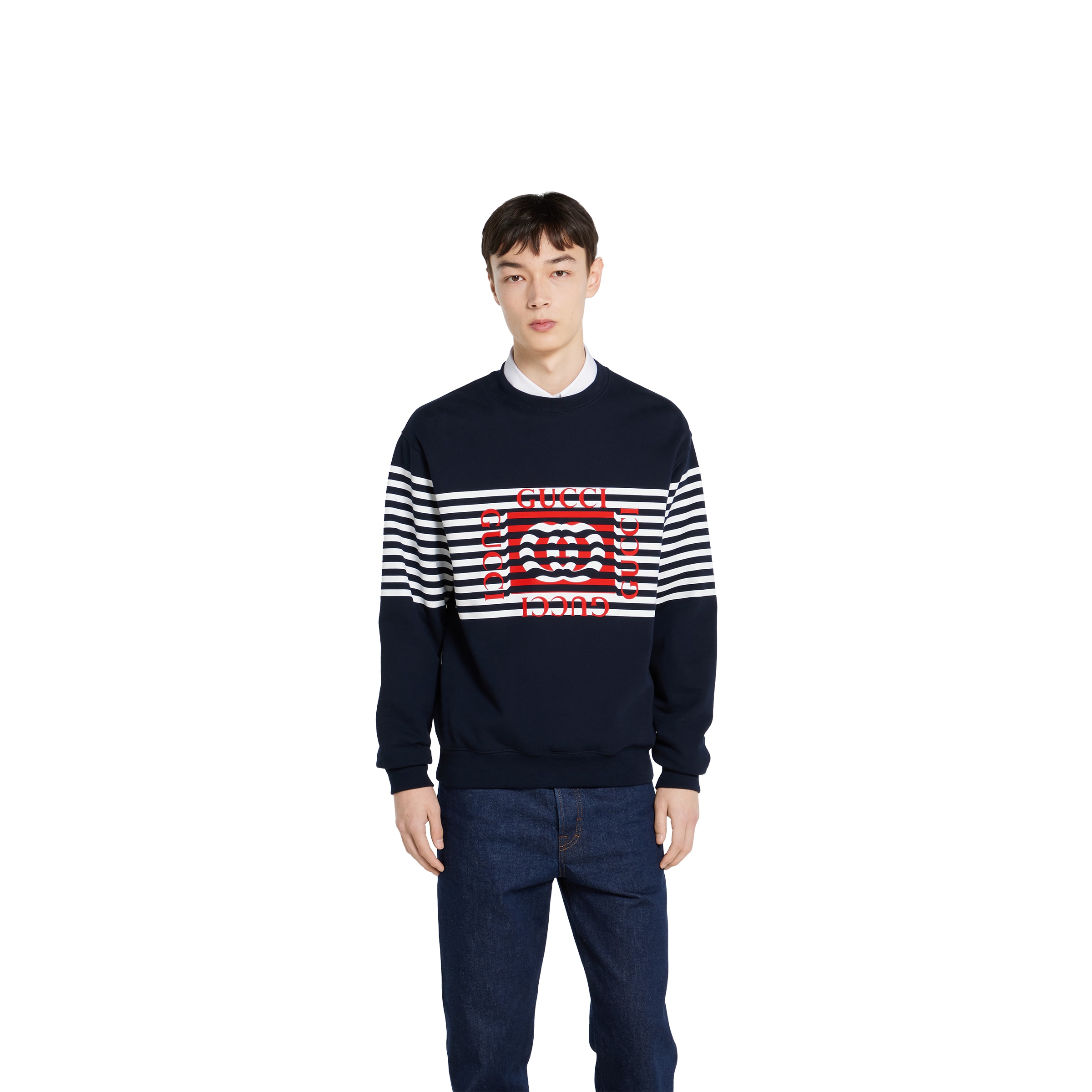 新品 GUCCI トレーナー Printed cotton jersey sweatshirt in navy | GUCCI® US