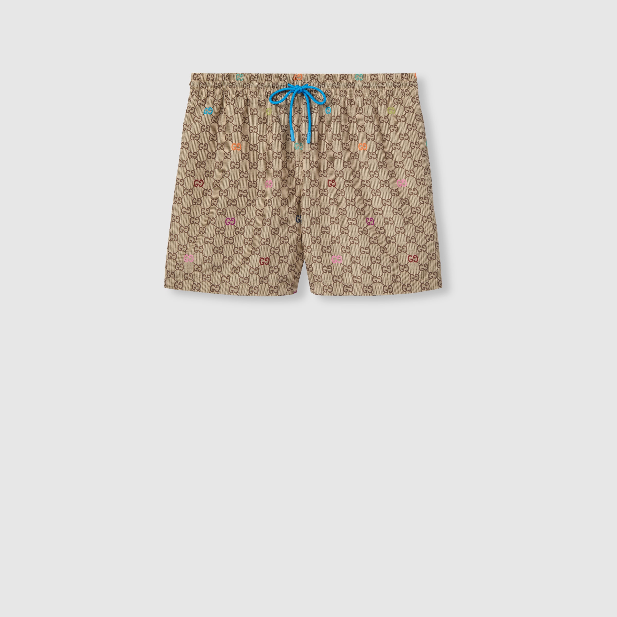 Printed technical poplin swim shorts in beige and dark brown