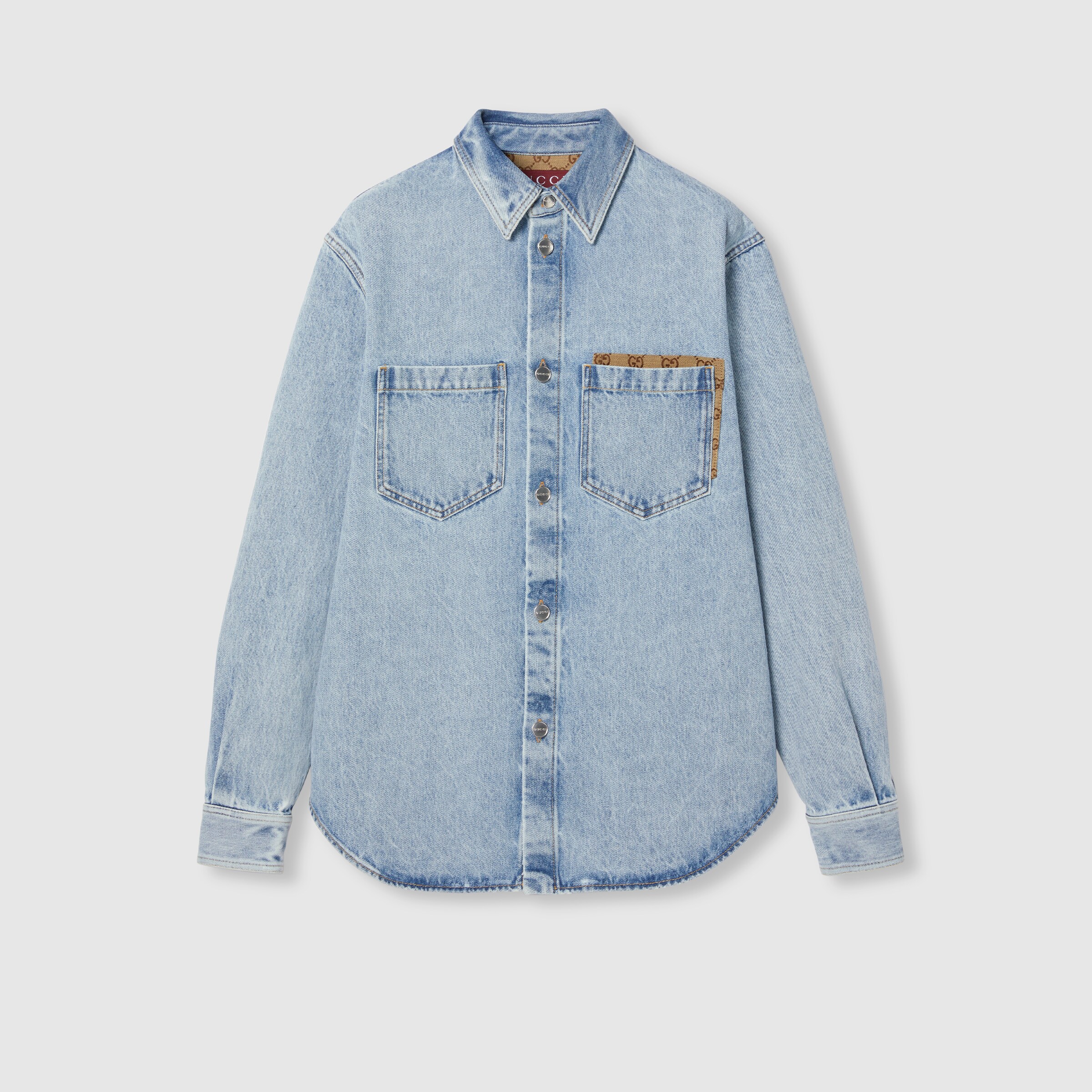 Washed denim shirt with GG insert in light blue | GUCCI® CA