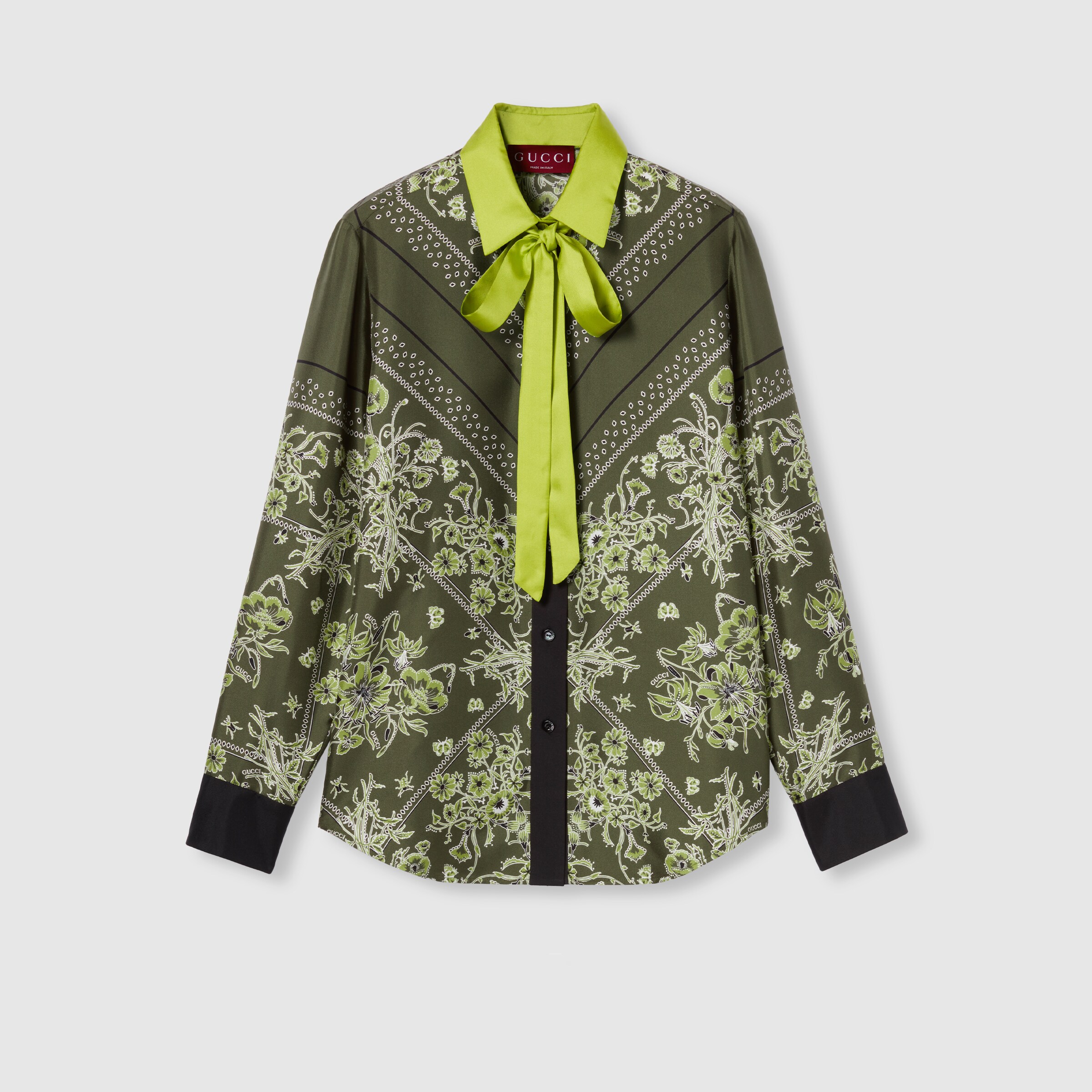 Printed silk twill shirt in forest green | GUCCI® US