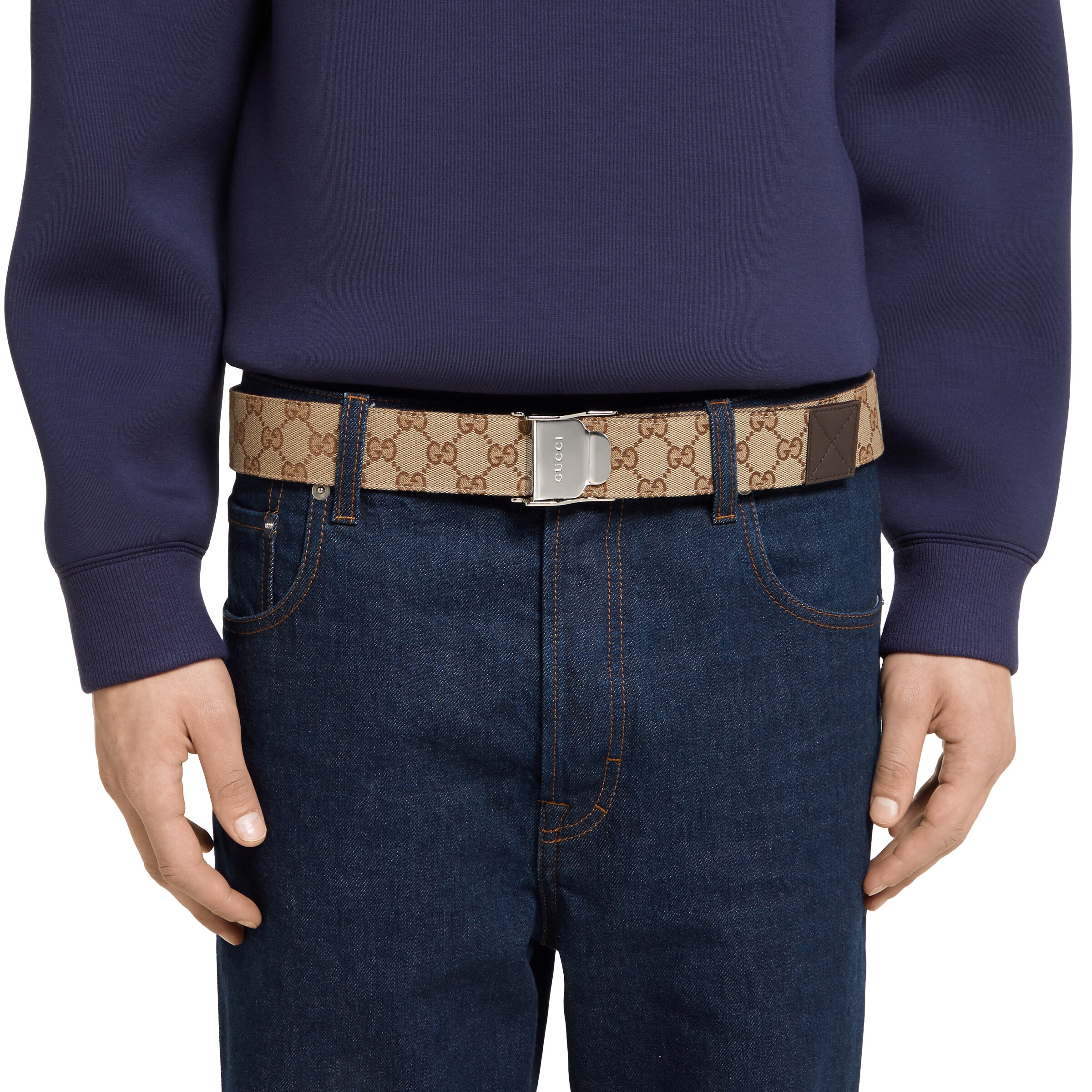 Belt with lift buckle in beige and brown GG canvas | GUCCI® US