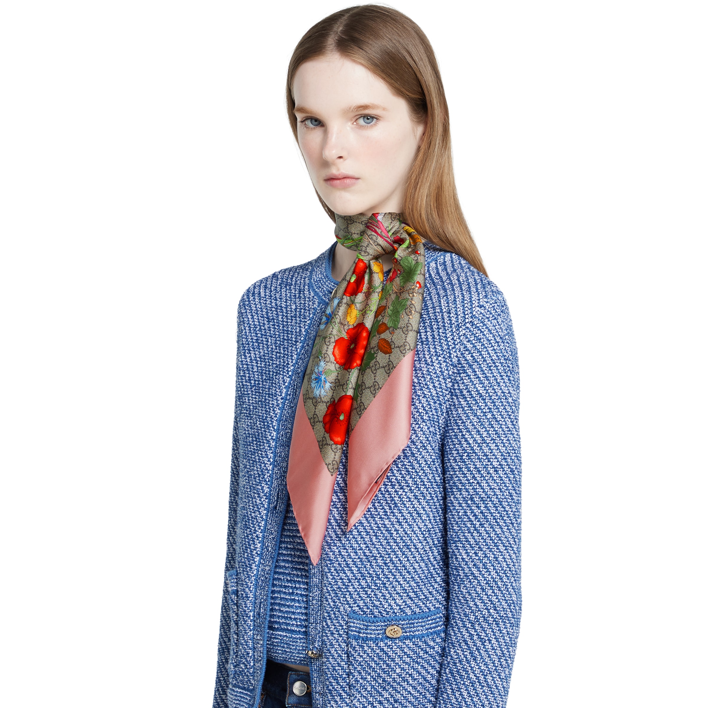 お値下げ GUCCI 花とストライプのシルクスカーフ グッチ GUCCI/スカーフ 花柄 レッド パープル 薔薇 パイソン