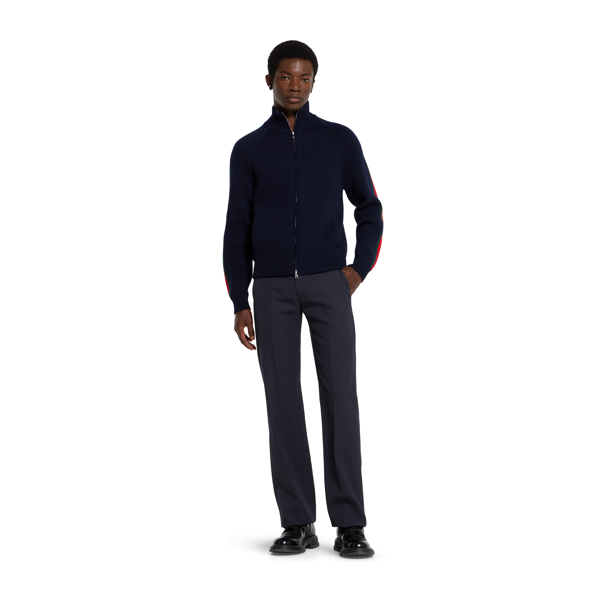 Woven stitch knit wool zip jacket in dark blue | GUCCI® US