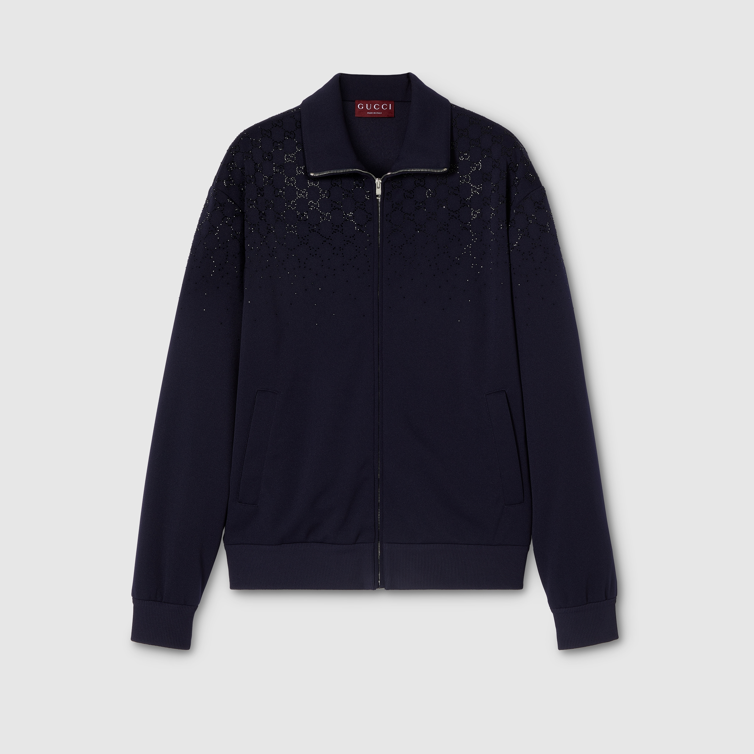 Technical jersey zip jacket with crystals in dark blue | GUCCI® AT