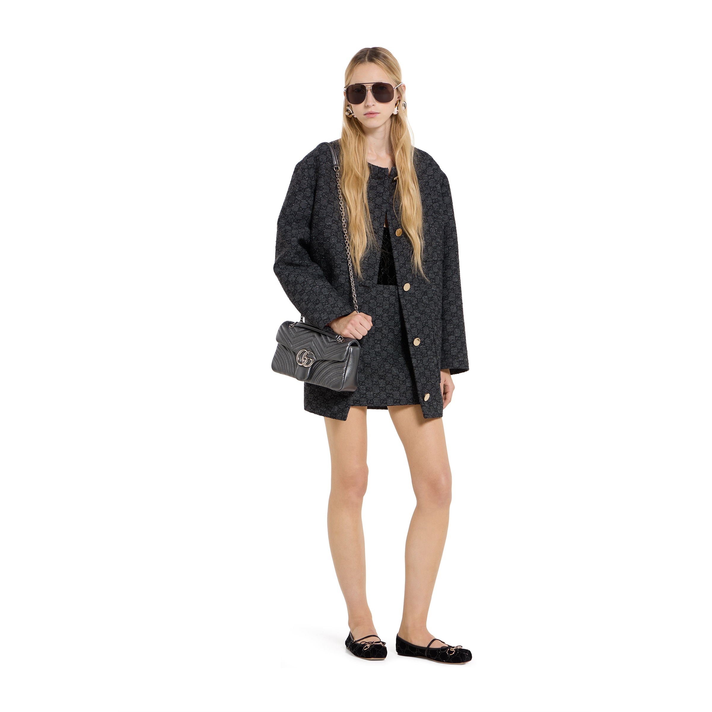 GG boutonné wool tweed skirt in dark grey and black | GUCCI® US