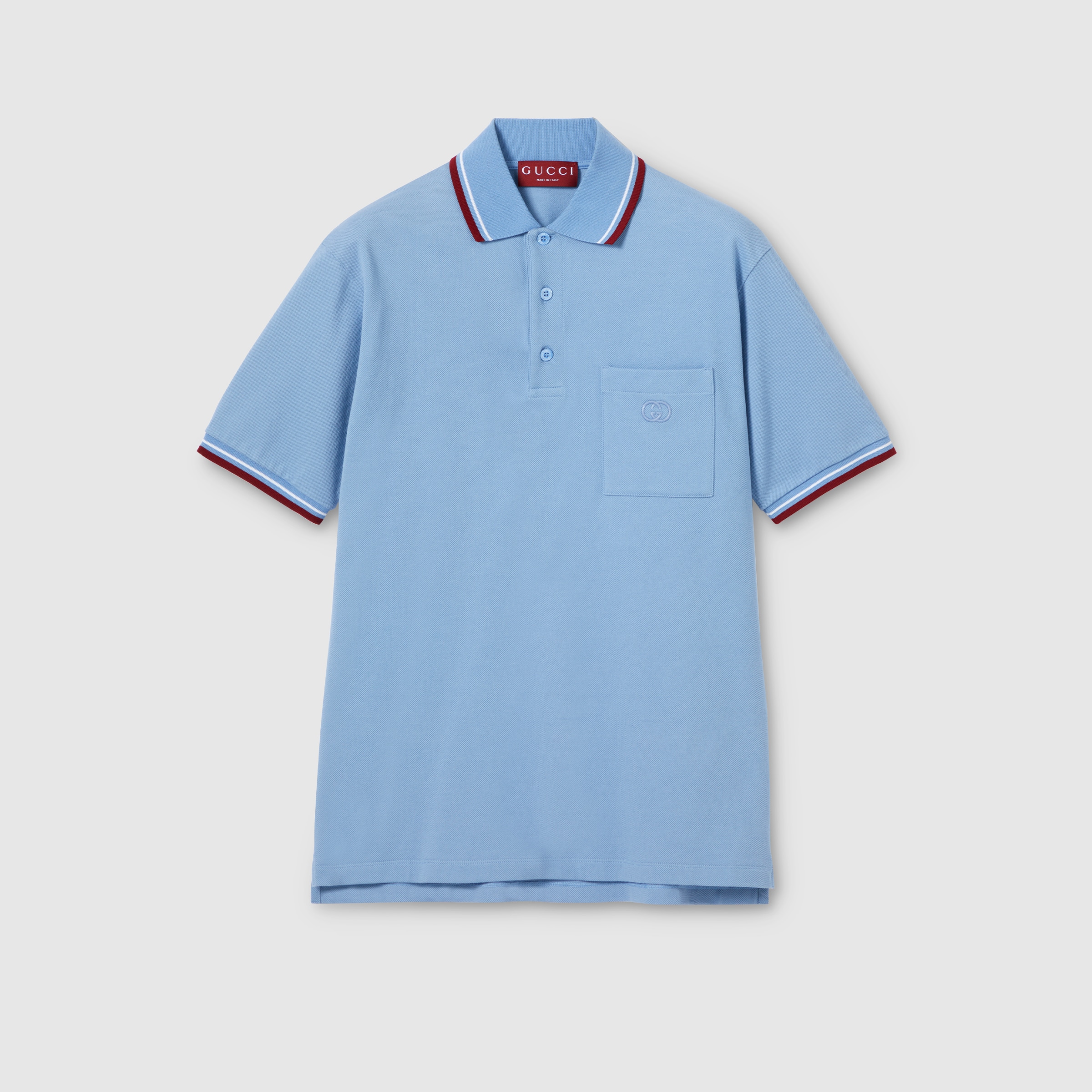 Cotton piquet polo shirt with embroidery in light blue | GUCCI® US
