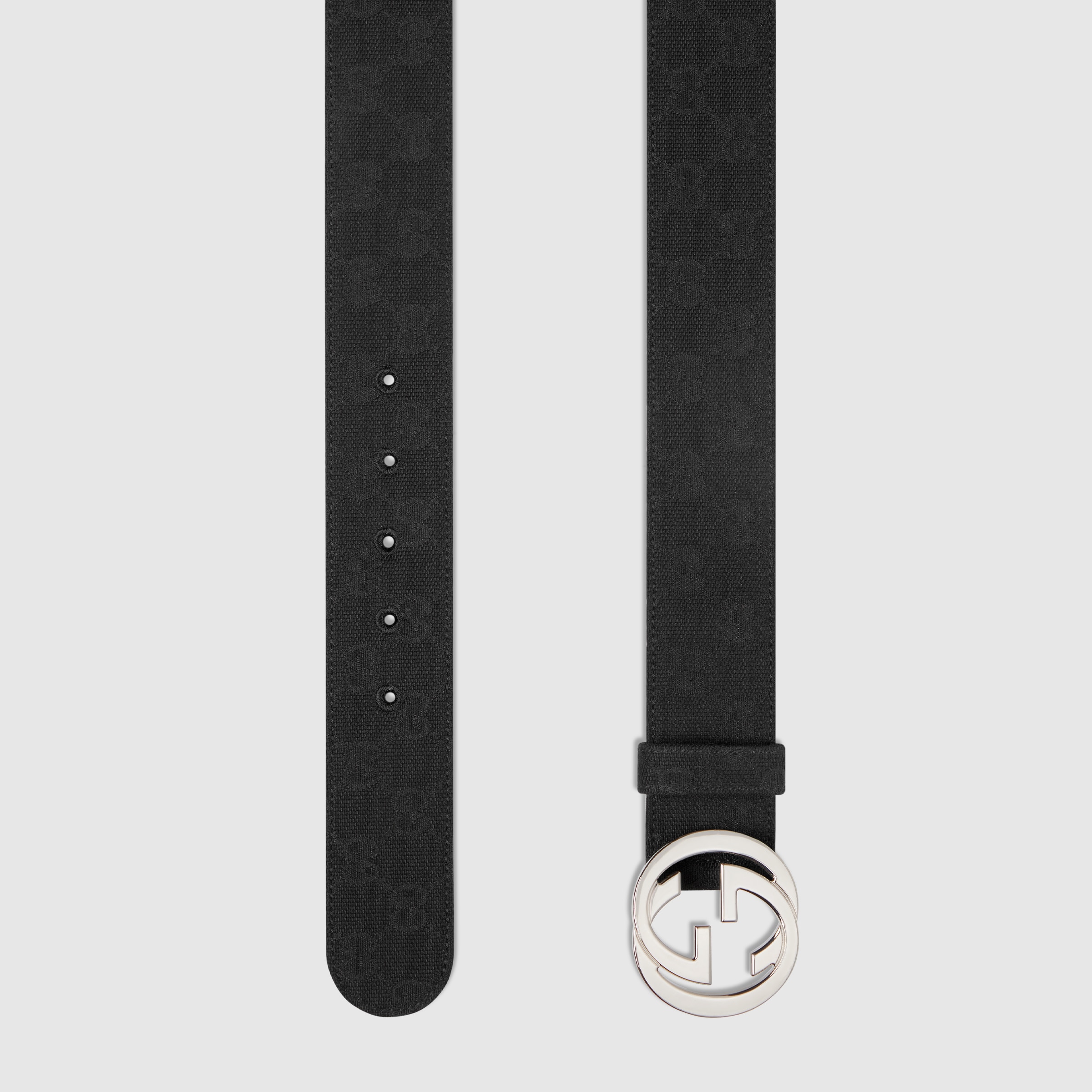 Belt with Interlocking G buckle in black GG canvas | GUCCI® US
