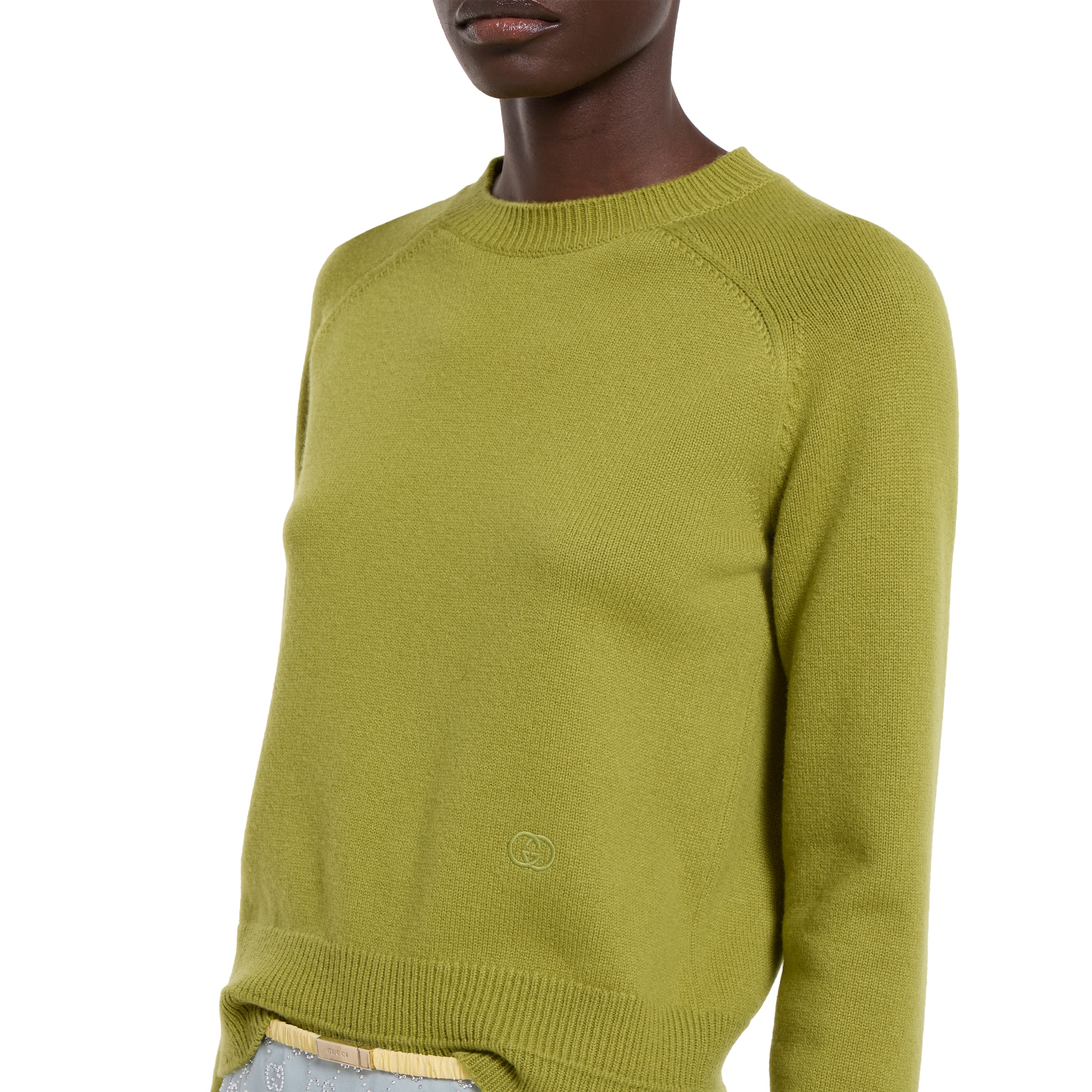 Wool cashmere sweater with embroidery in green | GUCCI® US