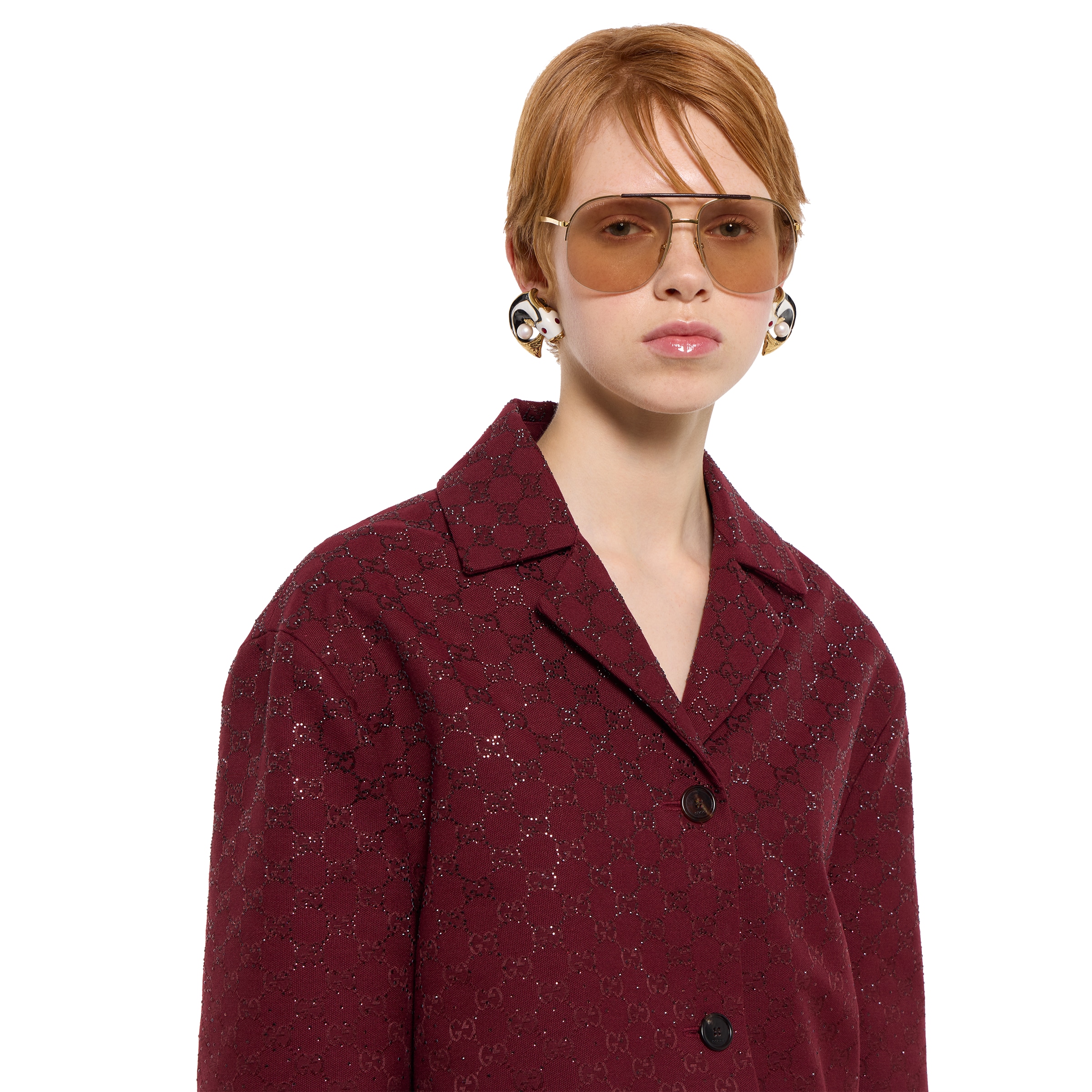 Padded GG canvas jacket with crystals in Gucci Rosso Ancora red