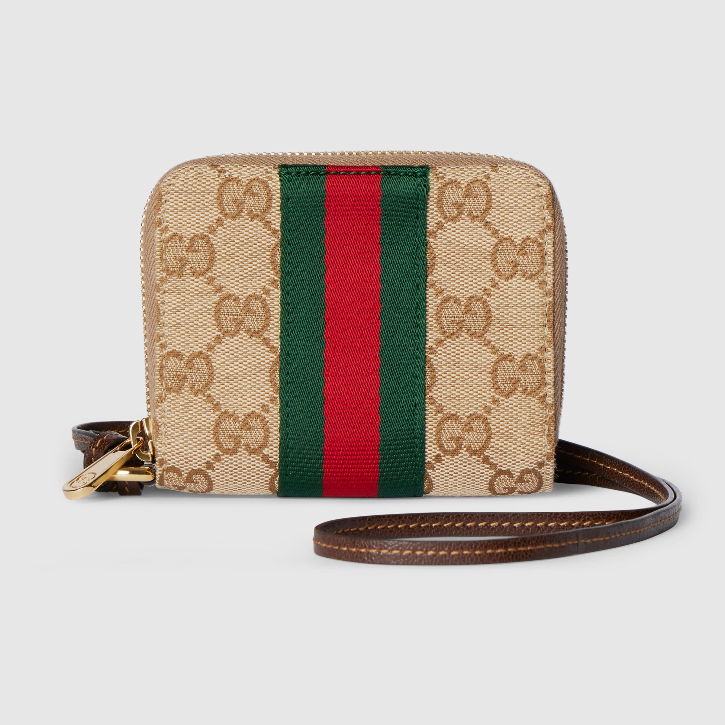 Gucci GGキャンバス ケース ストラップ付き GG カードケース ・サンド＆ブラウン GGキャンバス