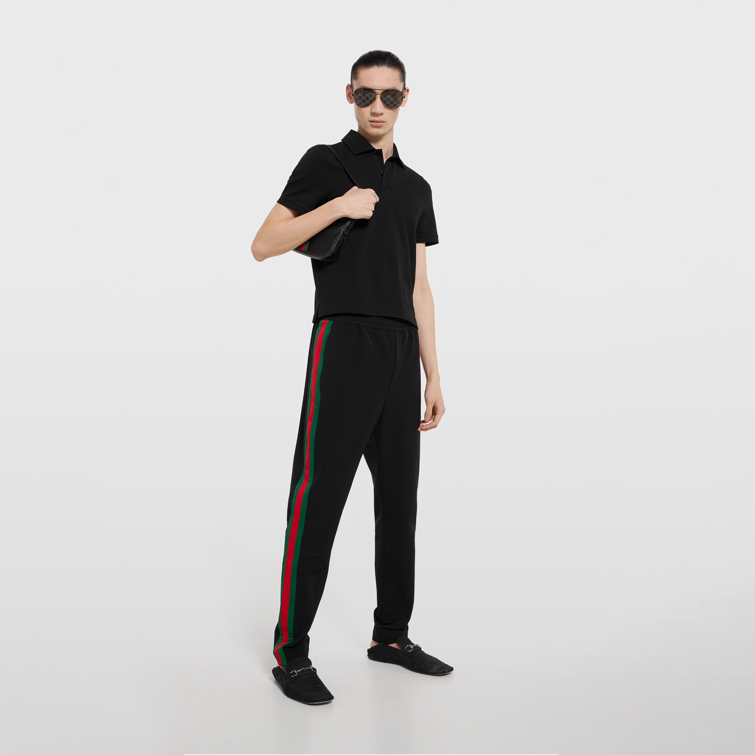 Cotton piquet polo shirt with embroidery in black | GUCCI® US