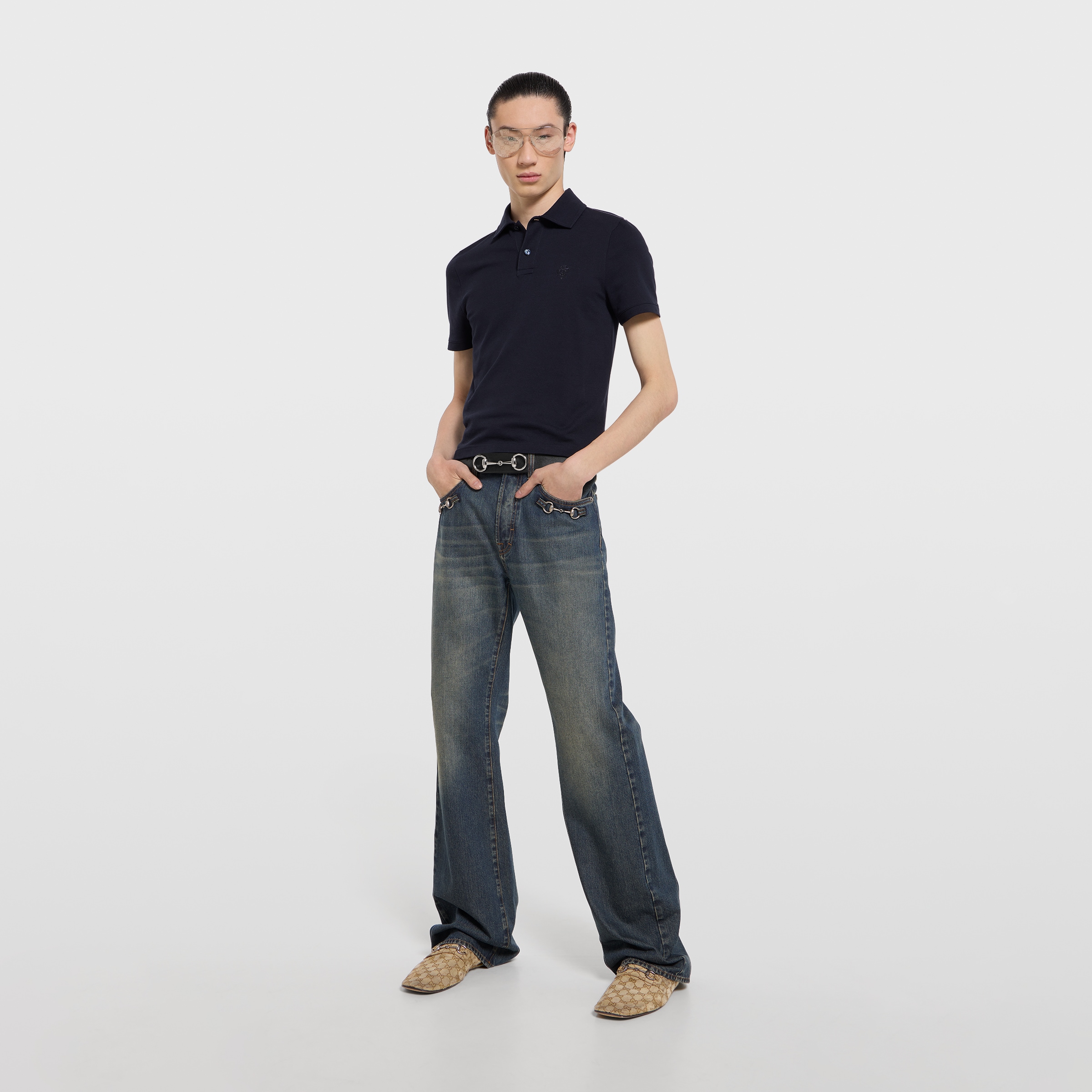 Cotton piquet polo shirt with embroidery in dark blue | GUCCI® US